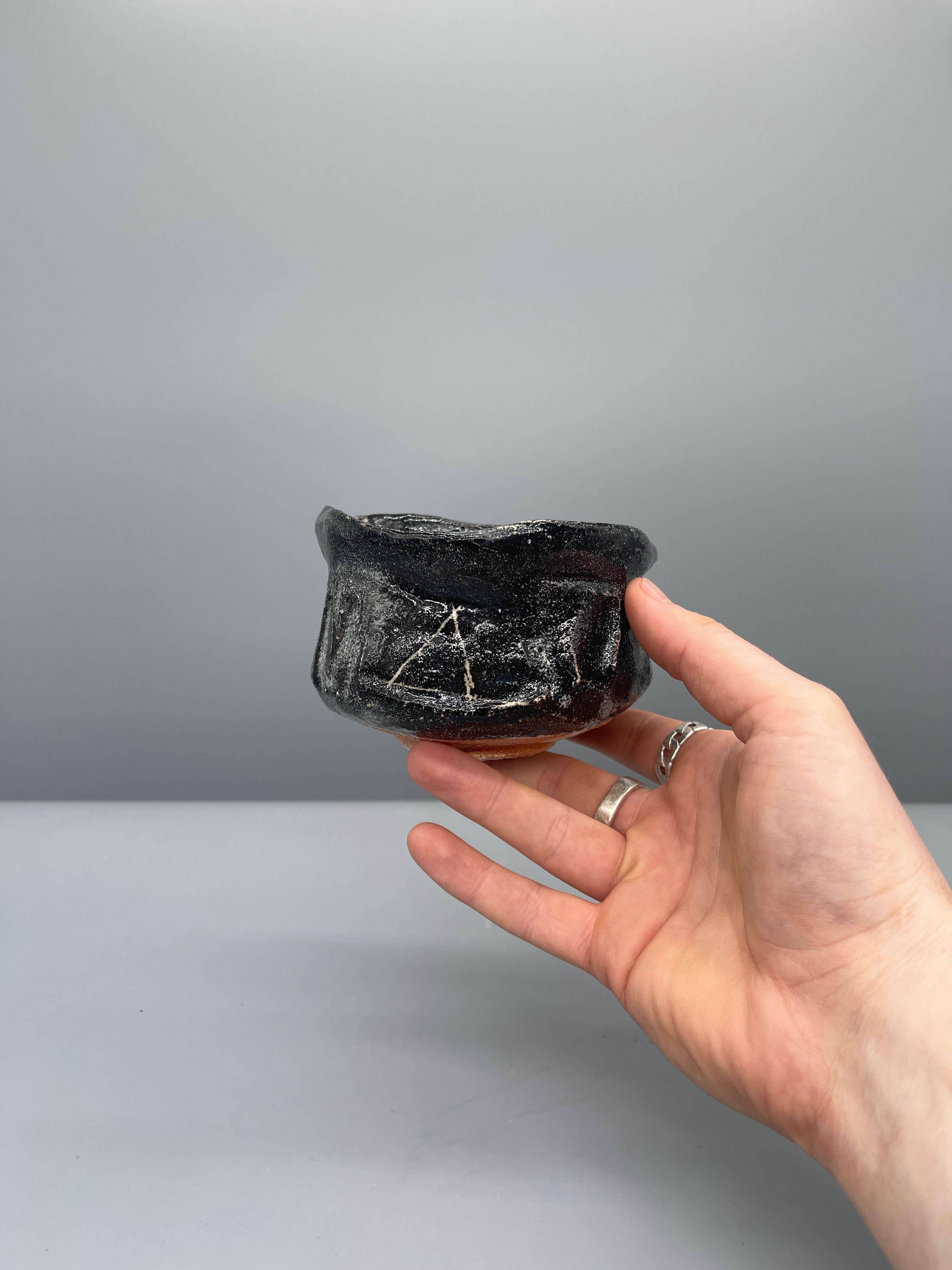 Vintage Japanese Chawan, Tea Bowl - Black Glaze, Geometric Motif