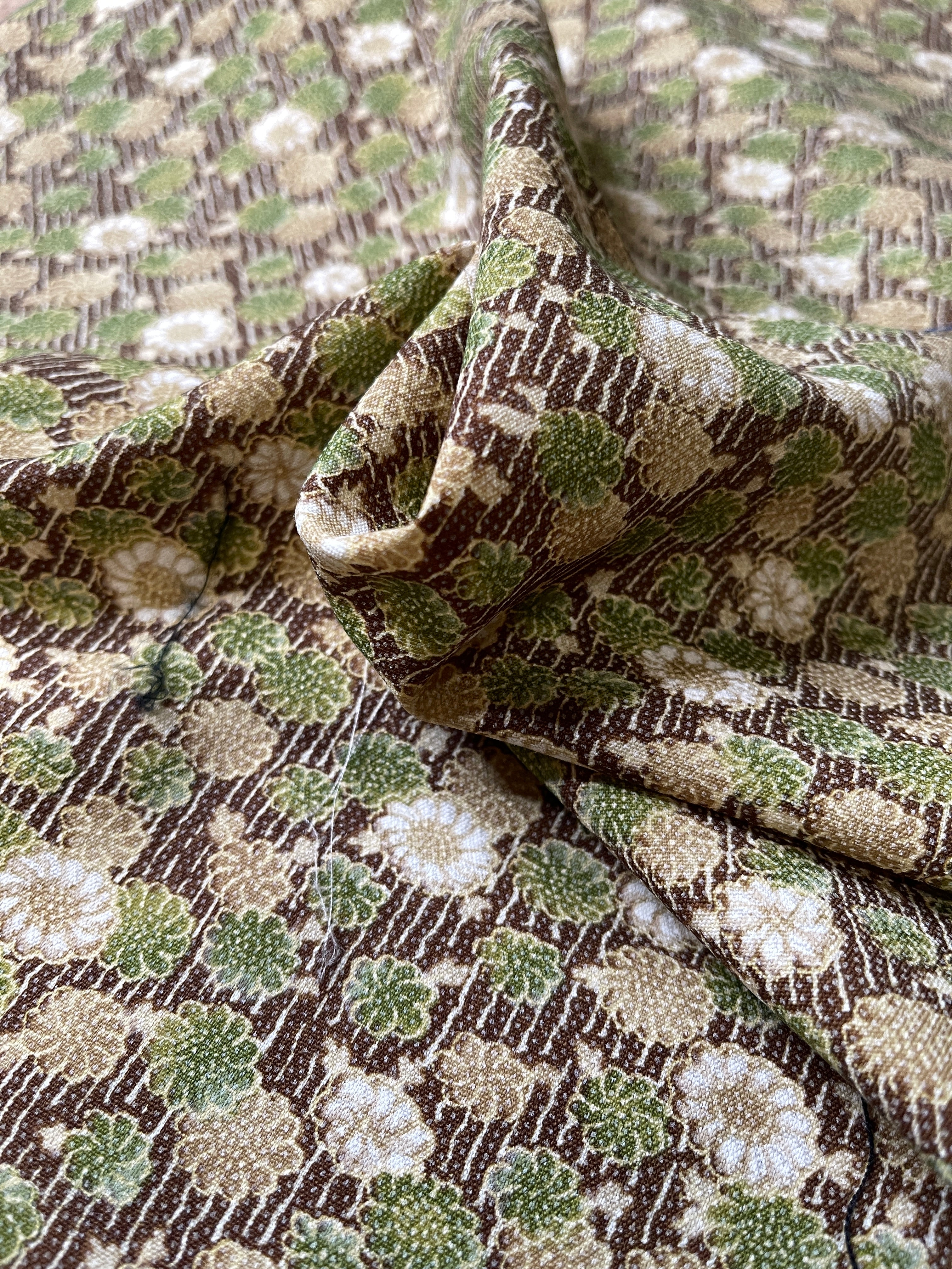 Japanese Silk Fabric, Brown & Green Floral Pattern