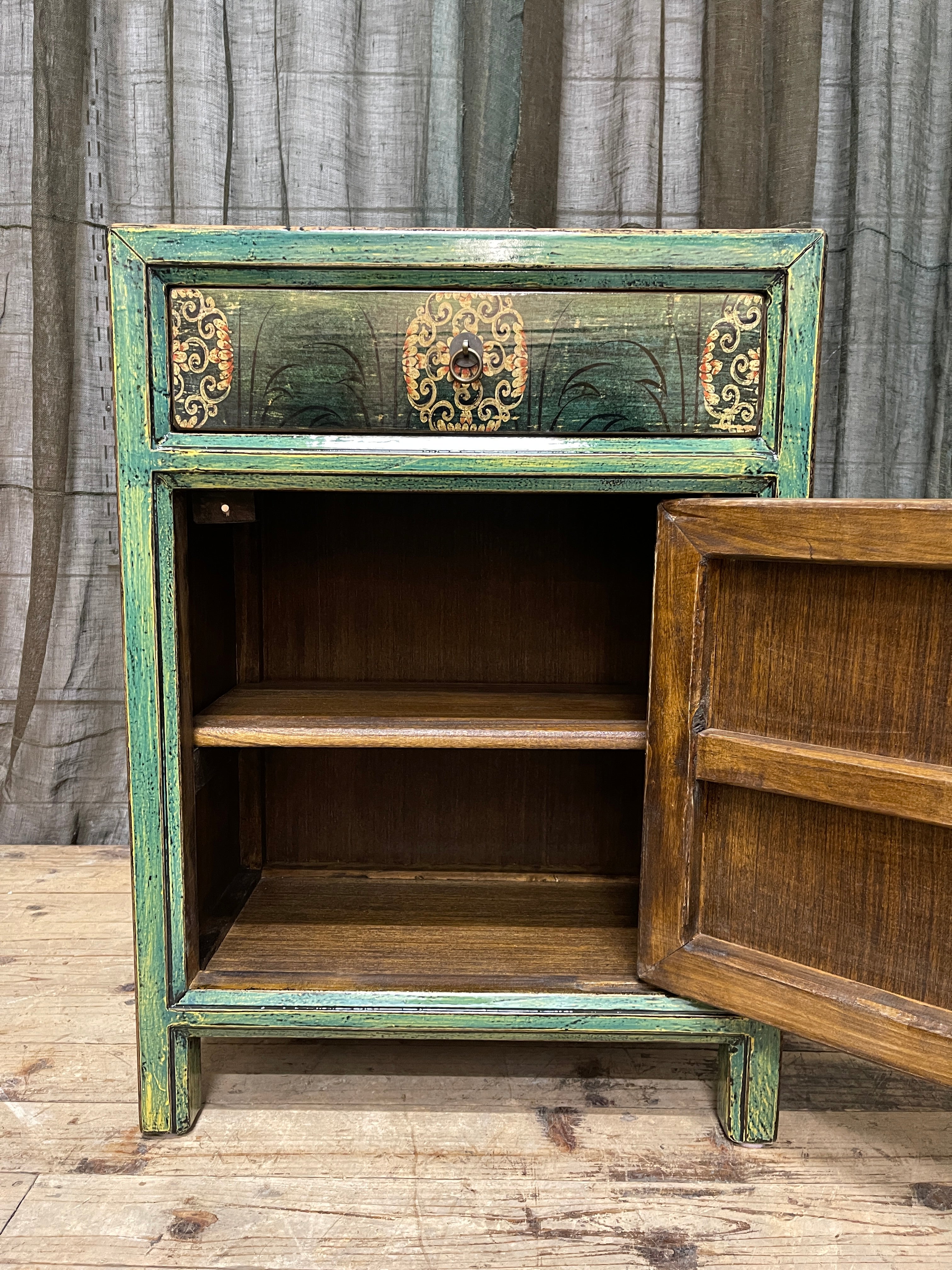 Provincial Style Chinese Green Lacquered Side Cabinet