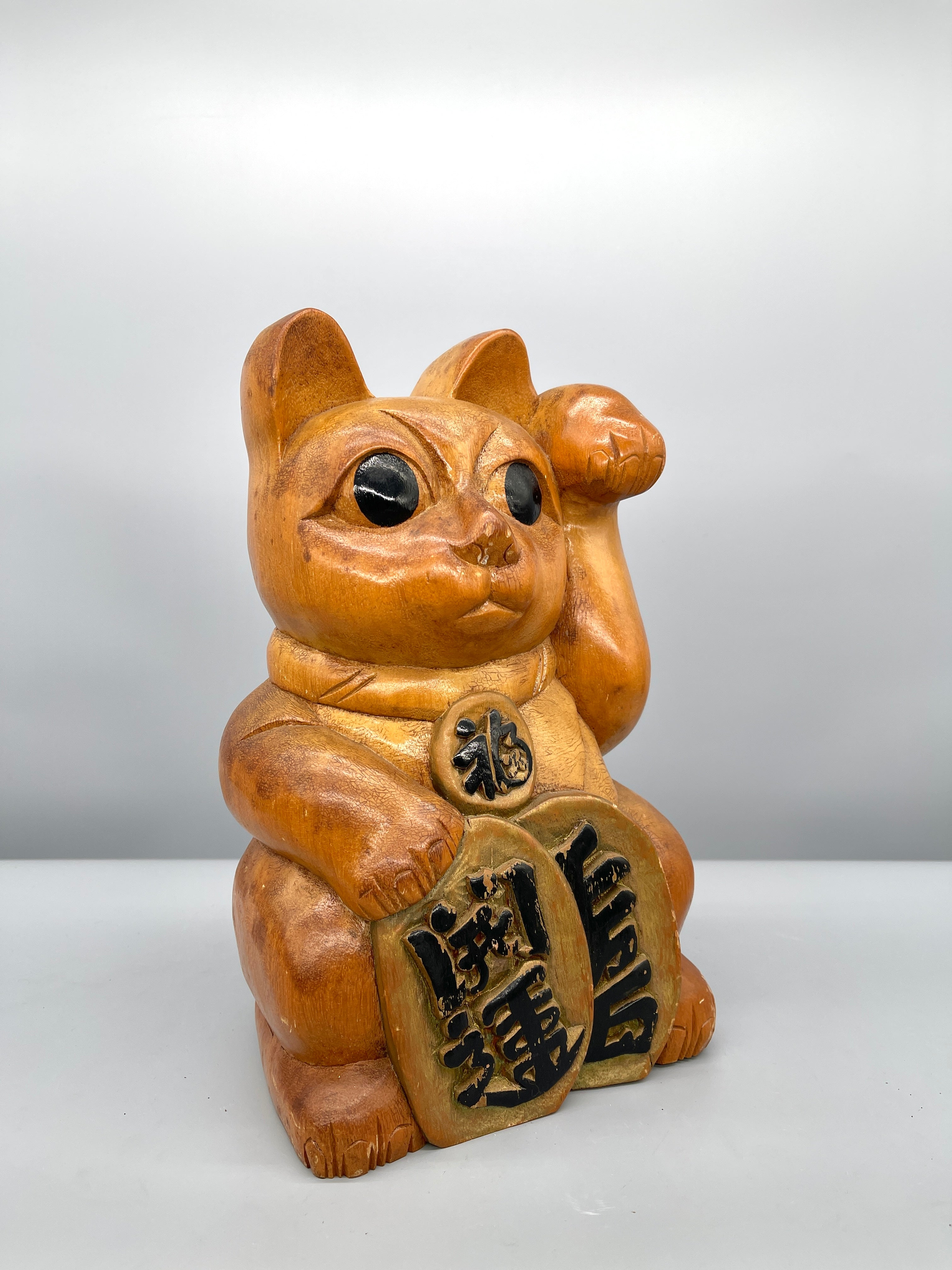 Rare Vintage Japanese Wooden Maneki Neko | c.1970