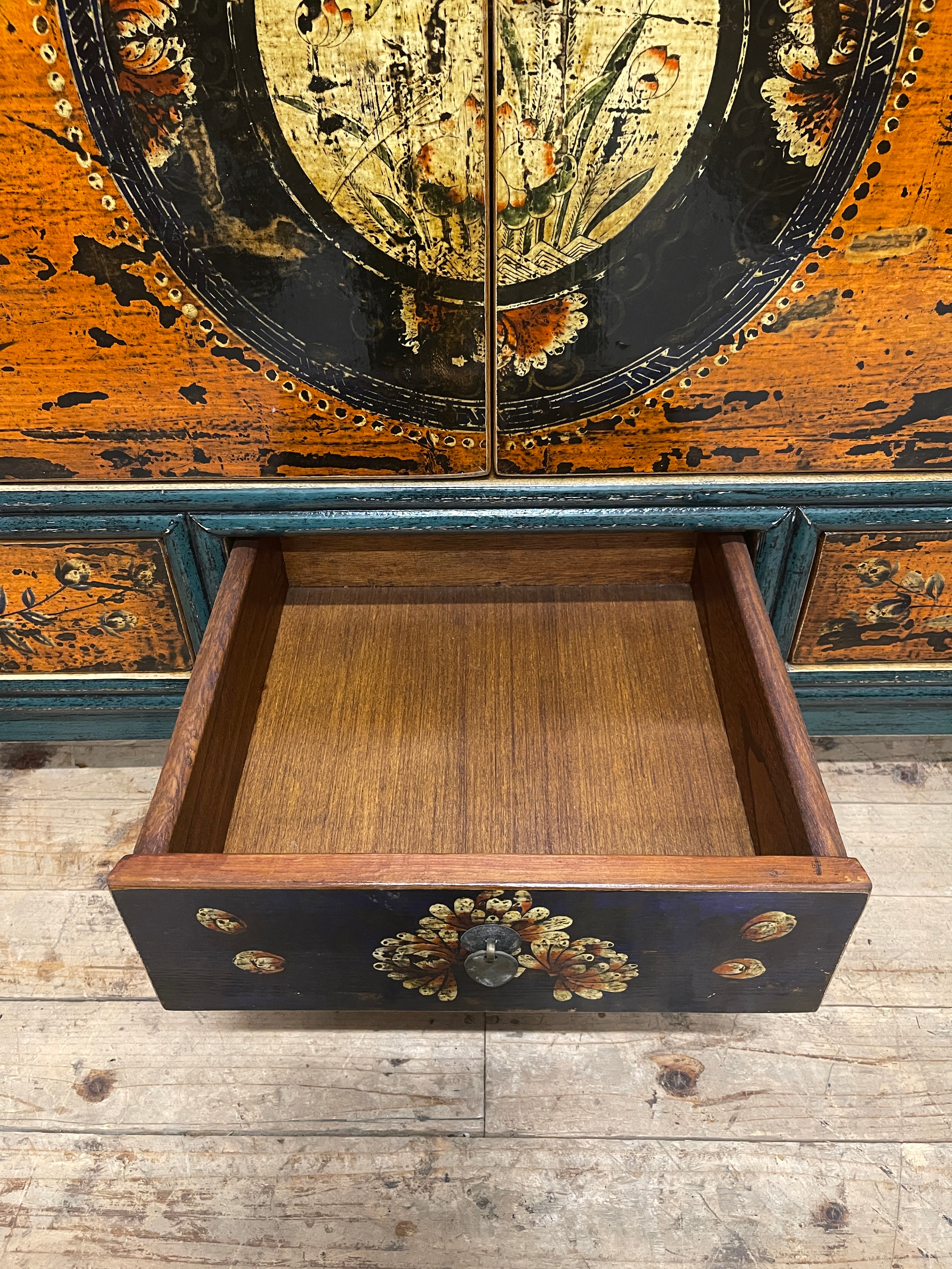 Chinese Teal & Orange Lacquered Cabinet