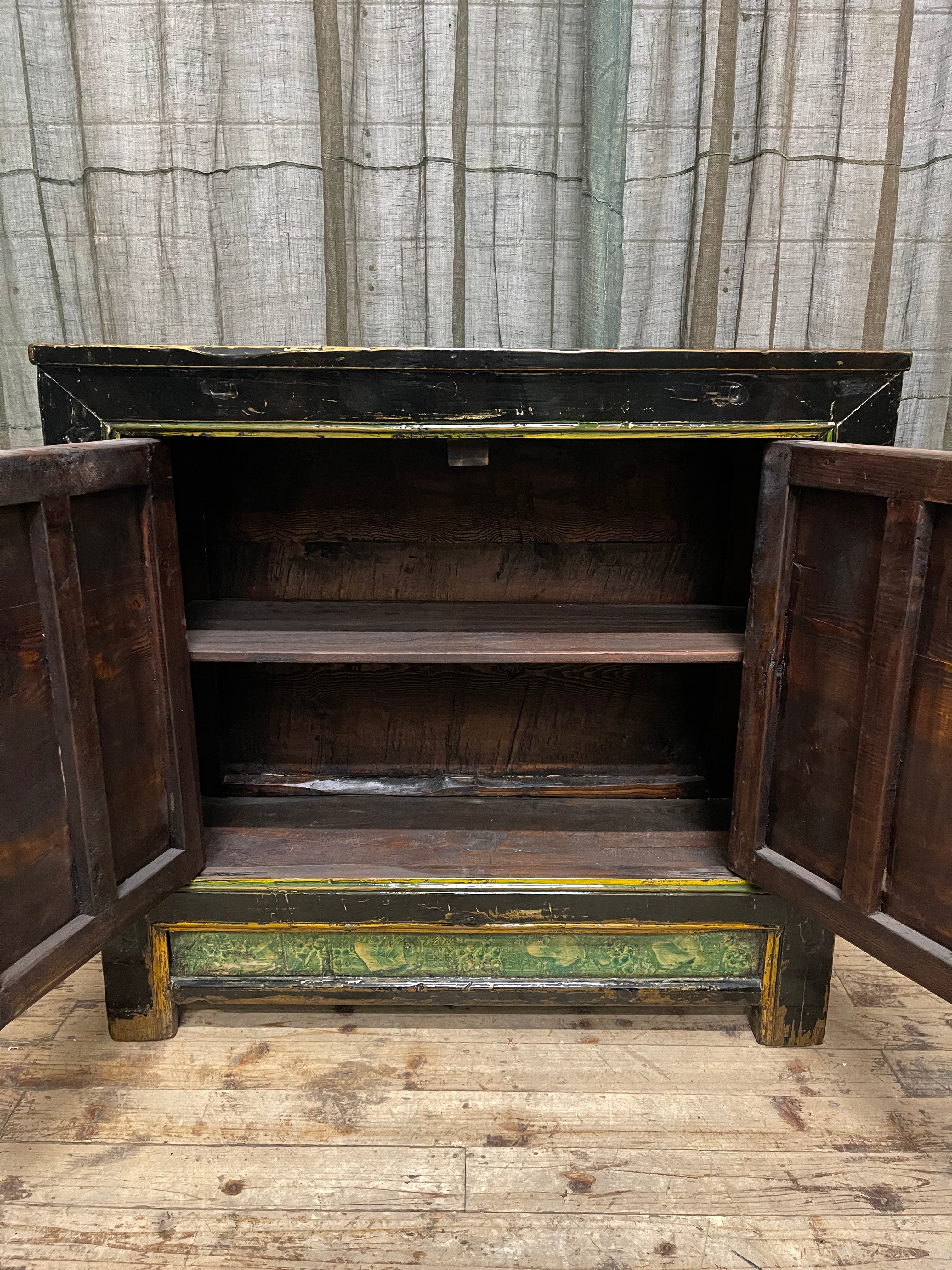 Antique Chinese Painted Cabinet, Original Finish, Vase & Floral Still Life