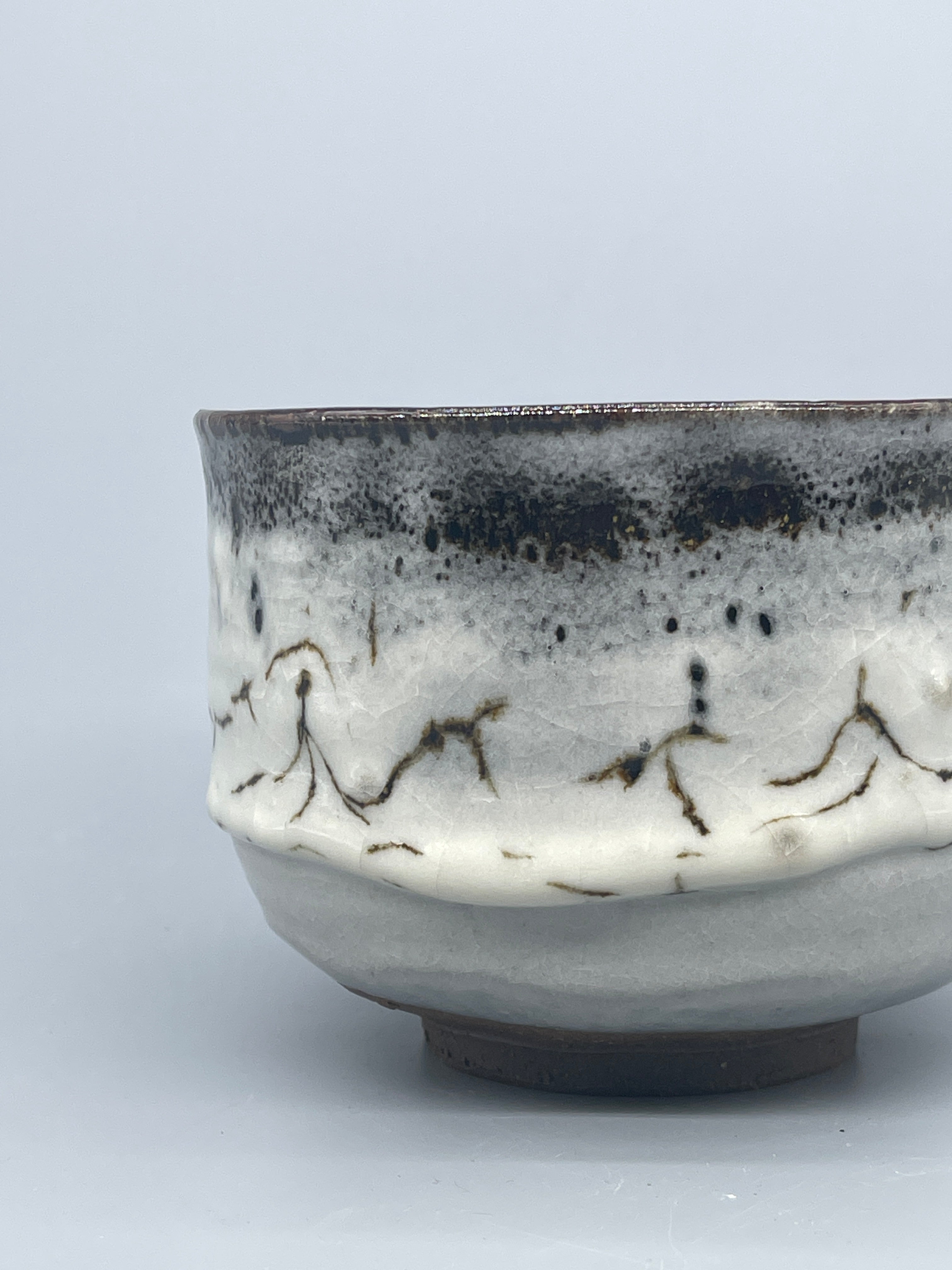 Vintage Japanese Matcha Bowl, Chawan - Blue & White Shino Glaze
