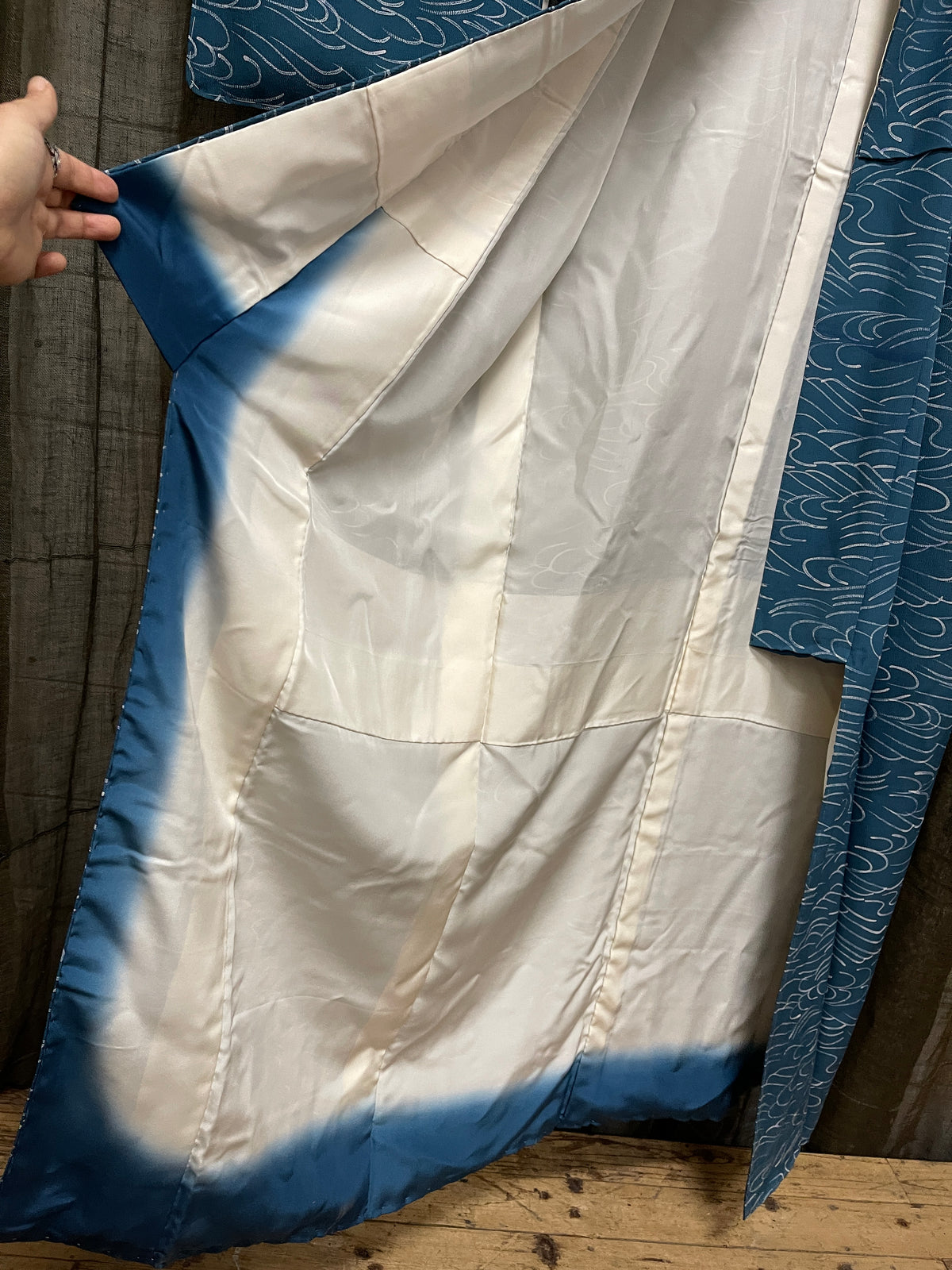 Vintage Japanese Silk Kimono, Wave Swirl Pattern