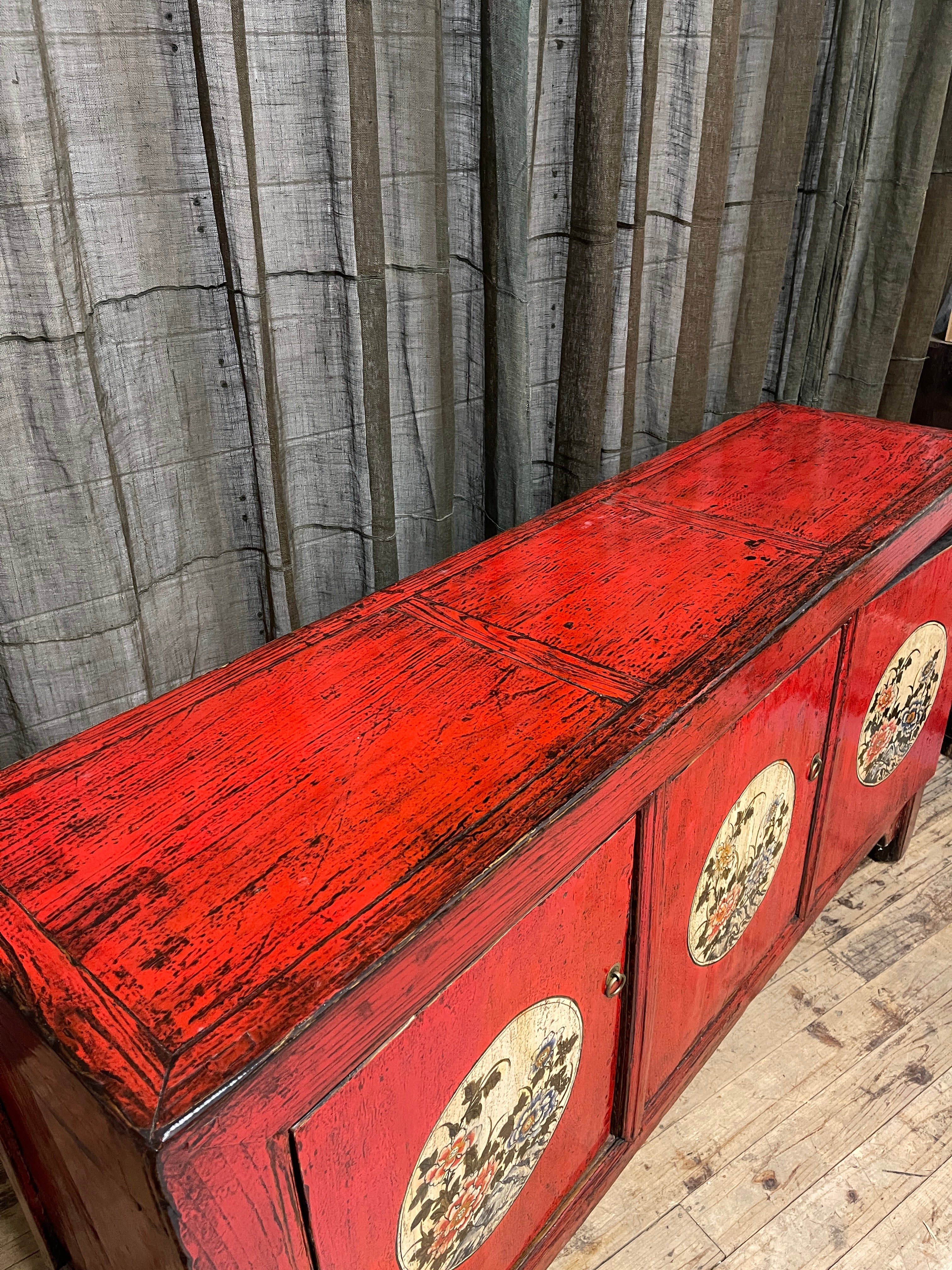 Chinese Red Lacquered Sideboard, Floral Medallion, Gansu Province