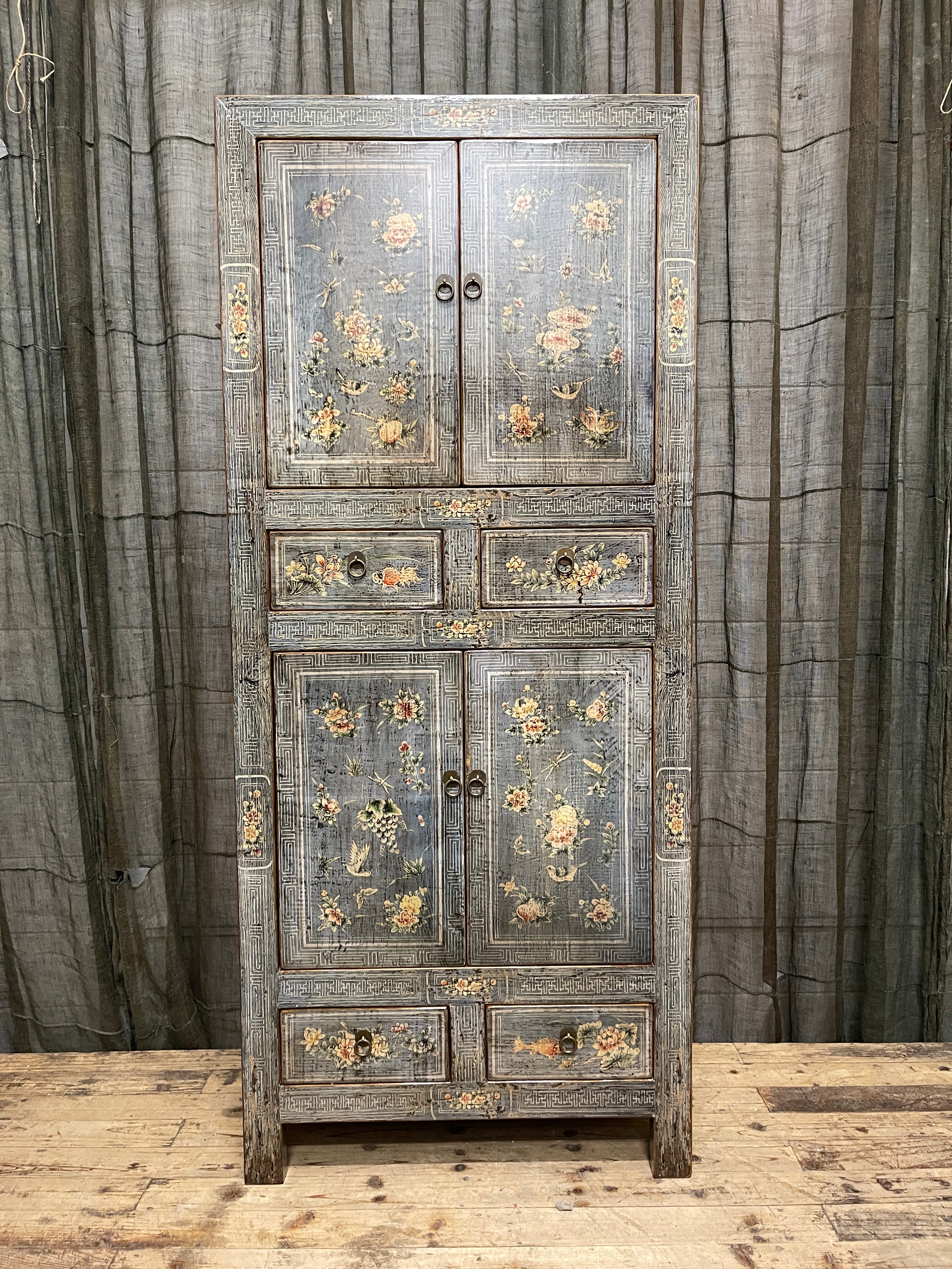 Chinese Grey Lacquered Storage Cabinet, Floral Panels