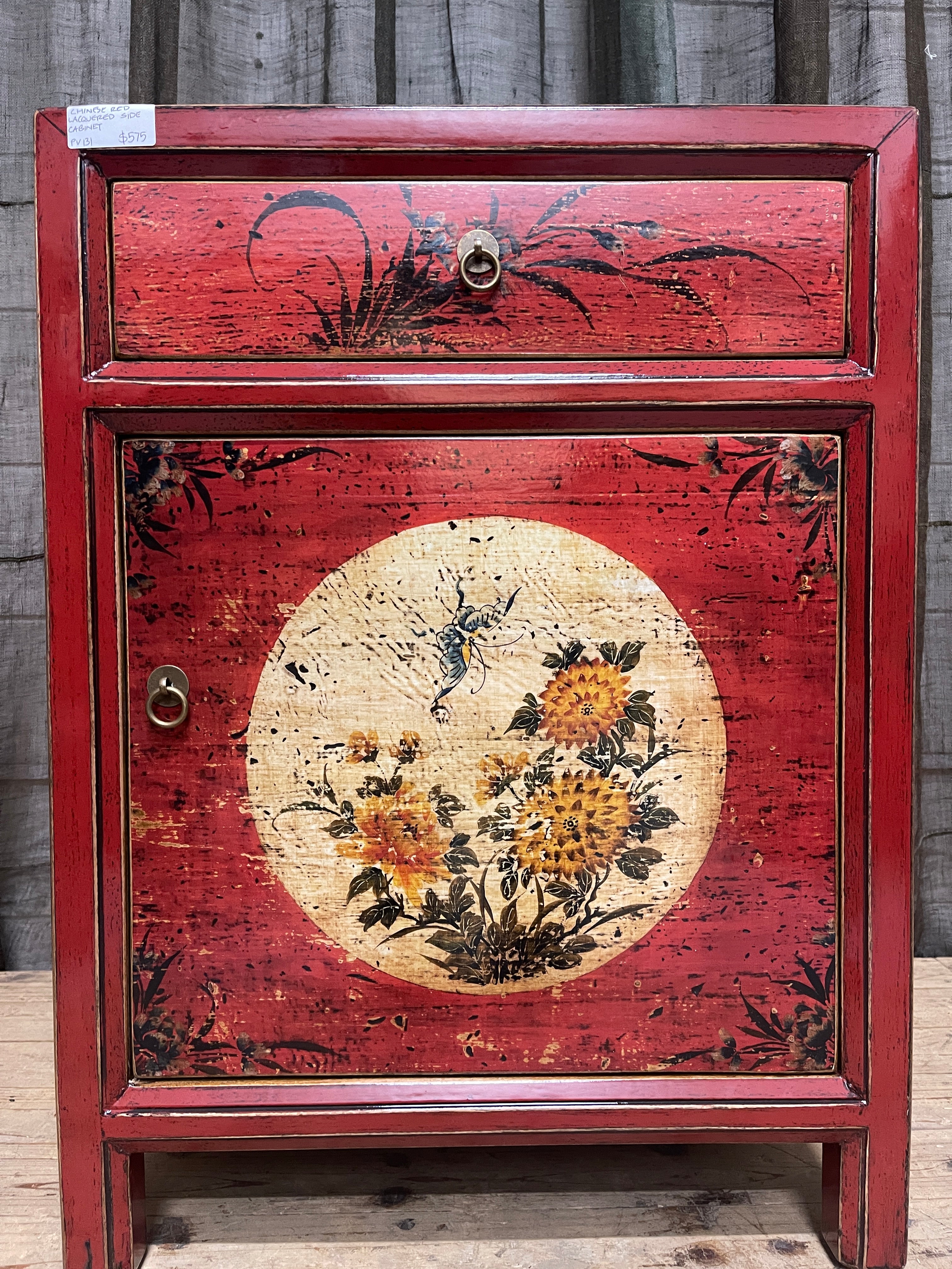 Chinese Red Lacquered Side Cabinet, Floral Motif