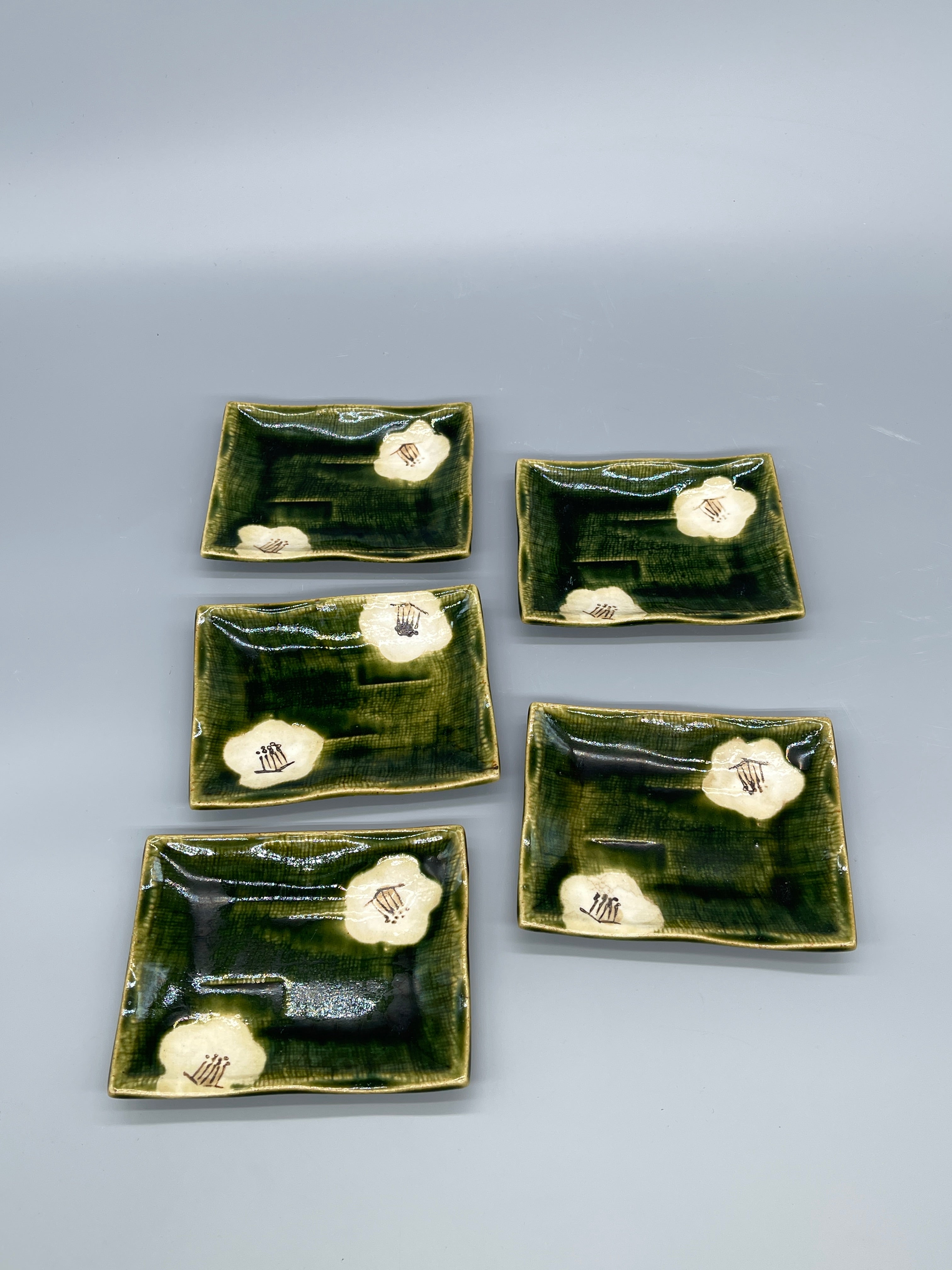 Set of Six Vintage Japanese Side Plates, Oribe Glaze