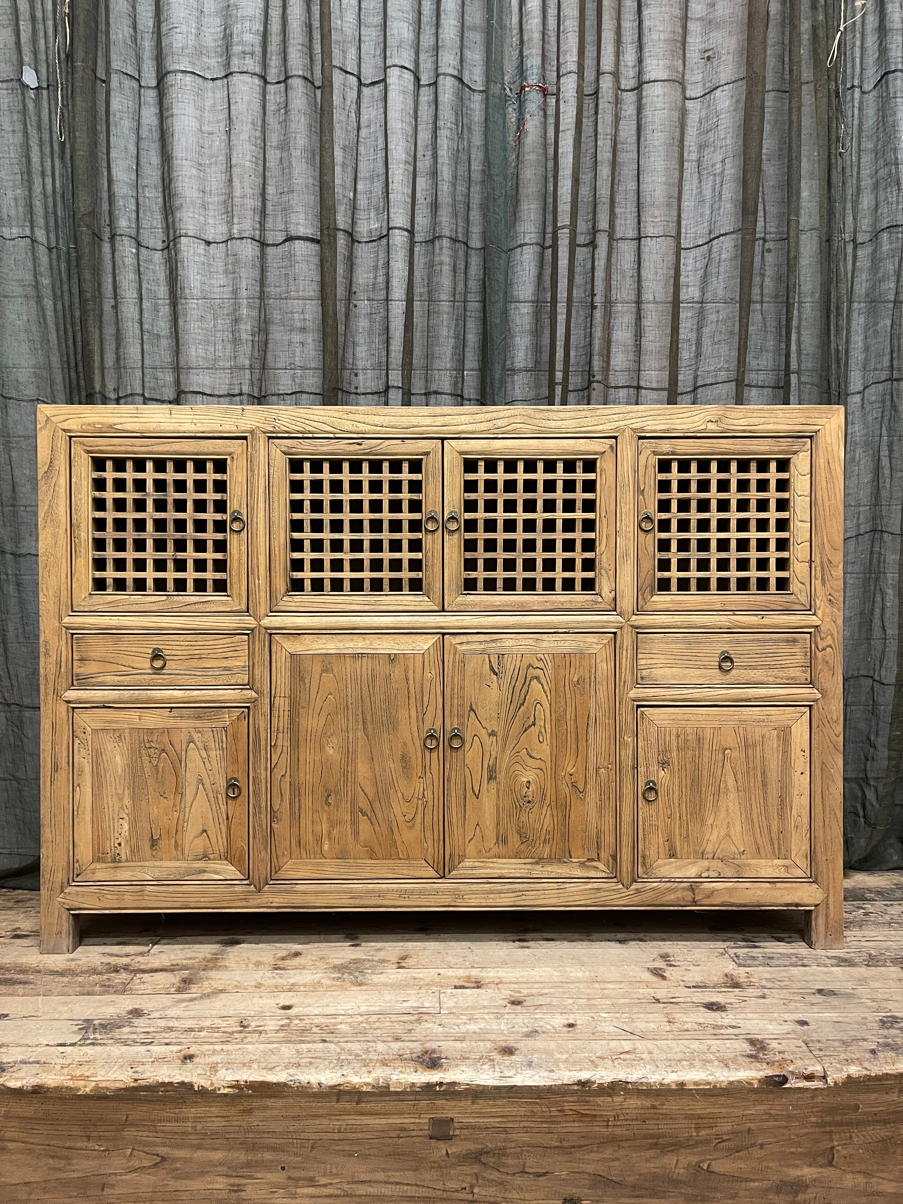 Chinese Recycled Elm Kitchen Cabinet, Lattice Doors