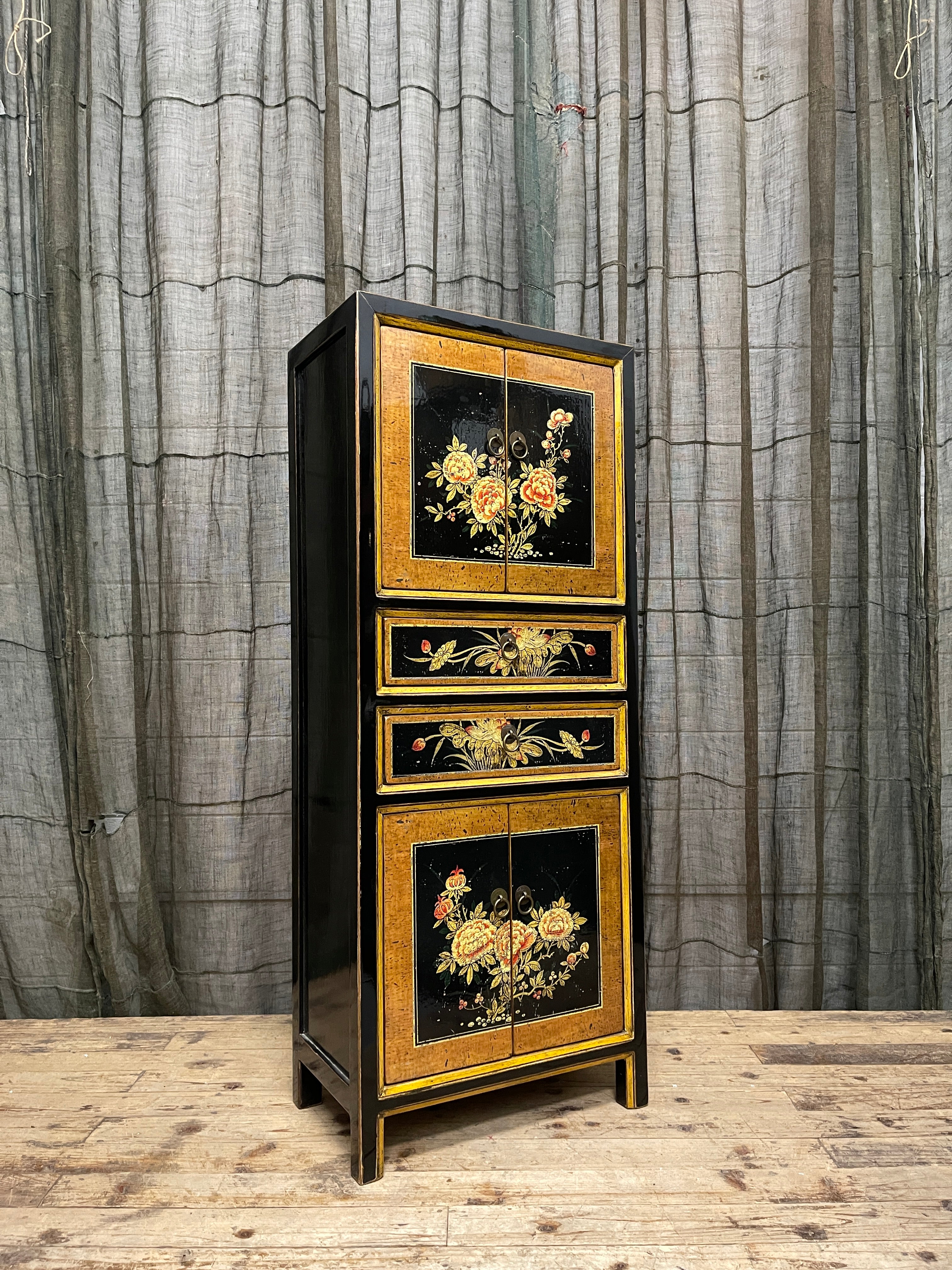 Chinese Black Lacquered Storage Cabinet, Floral Panels