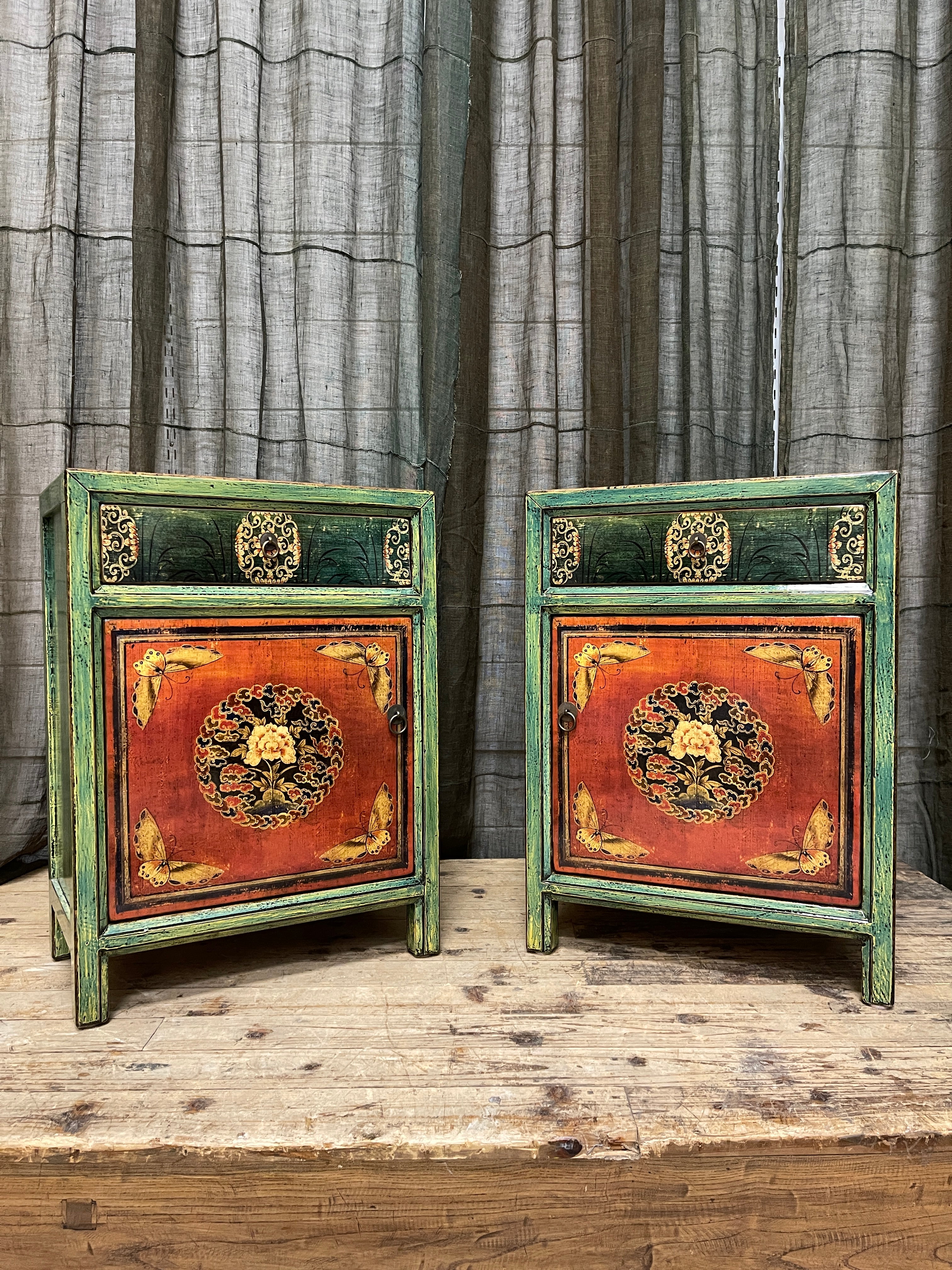Provincial Style Chinese Green Lacquered Side Cabinet