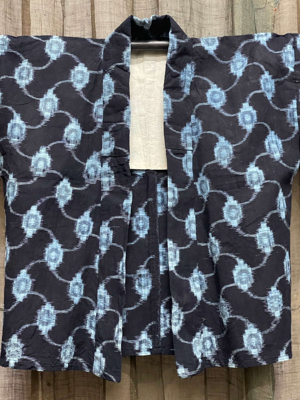 Vintage Japanese Cotton Kasuri Haori, Geometric Wave Pattern