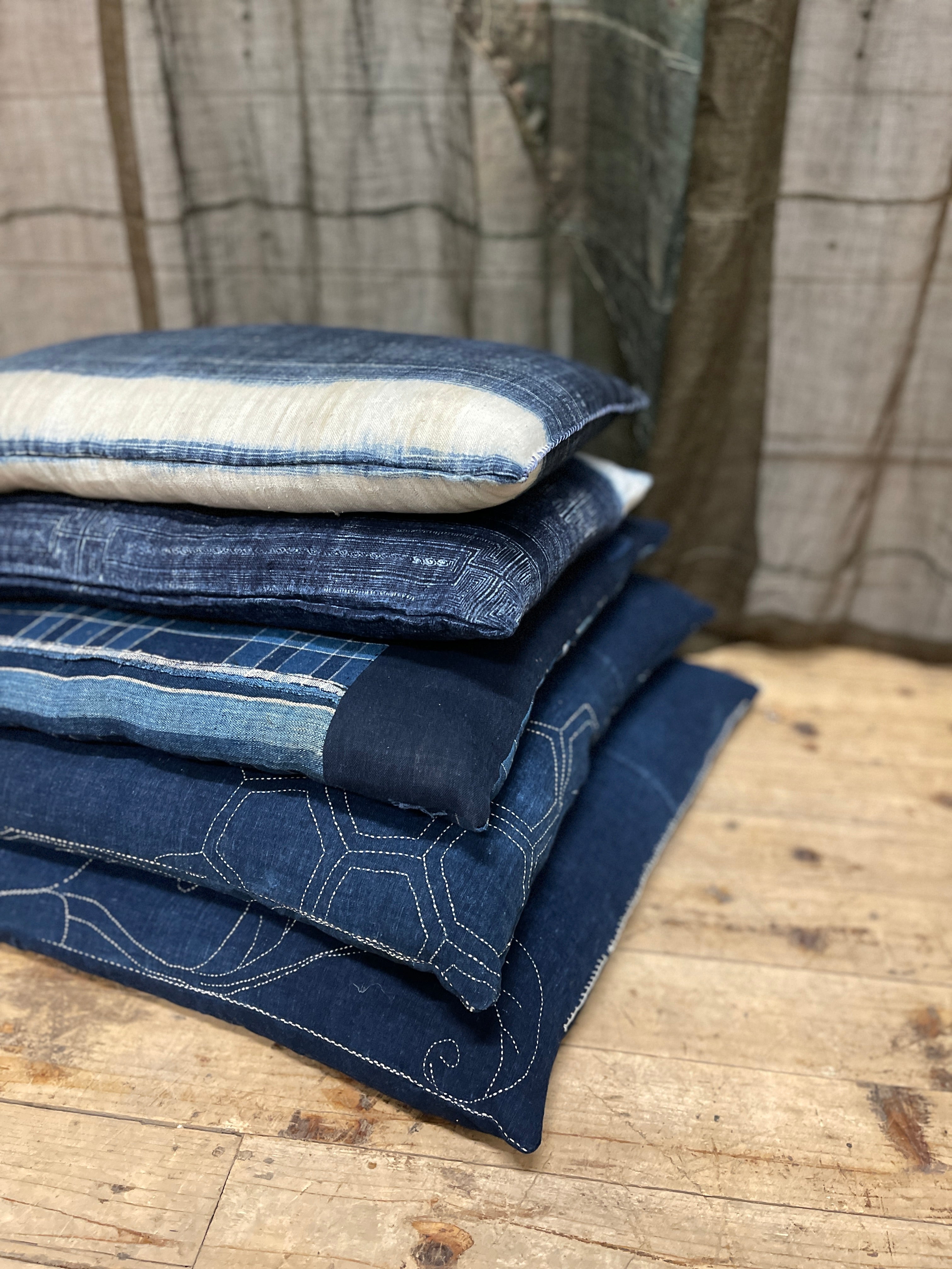 Japanese Floor Cushions Covered with Boro Indigo Cotton