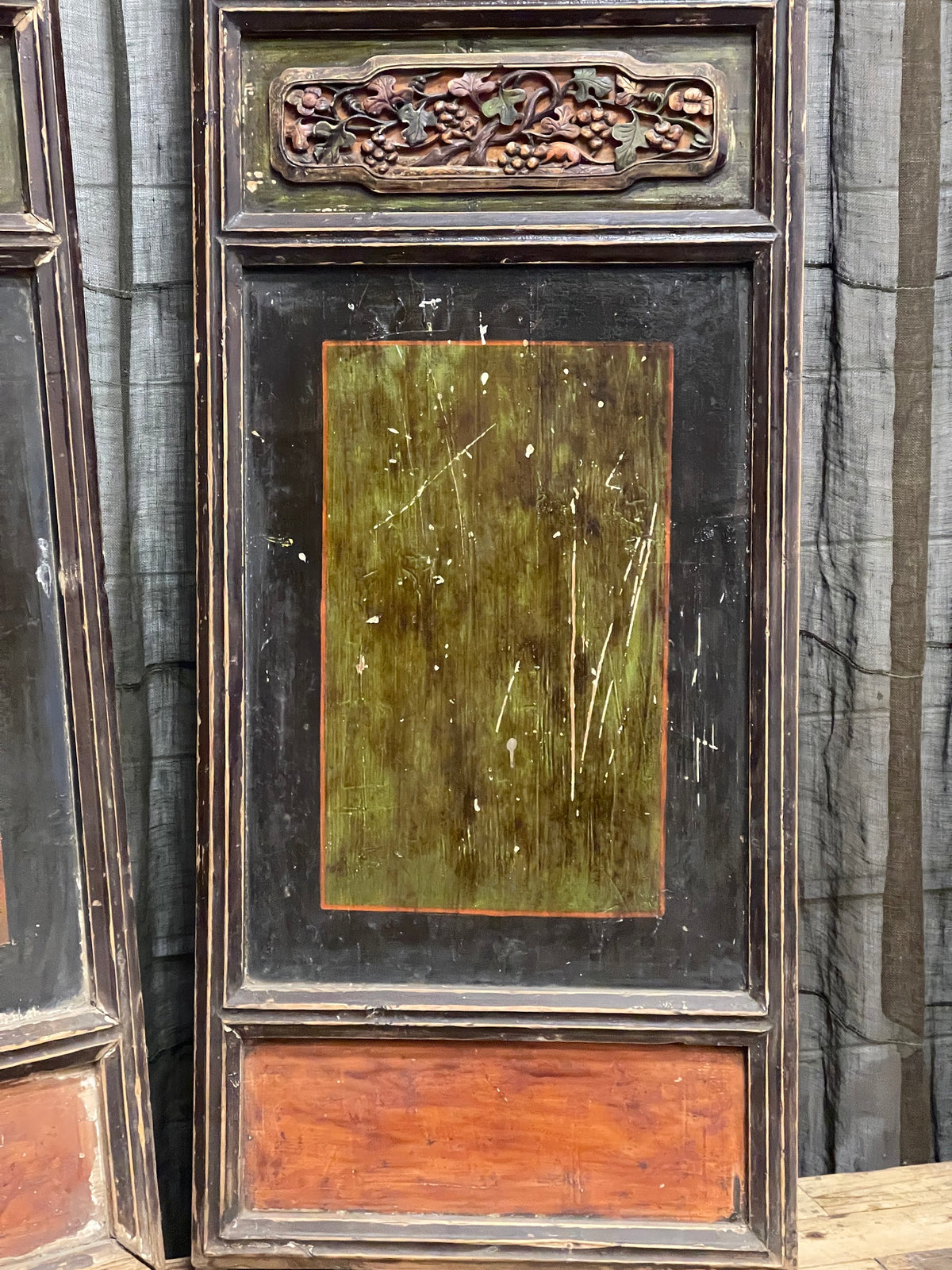 Antique Chinese Green & Yellow Carved Doors, Pair - Late 19th Century
