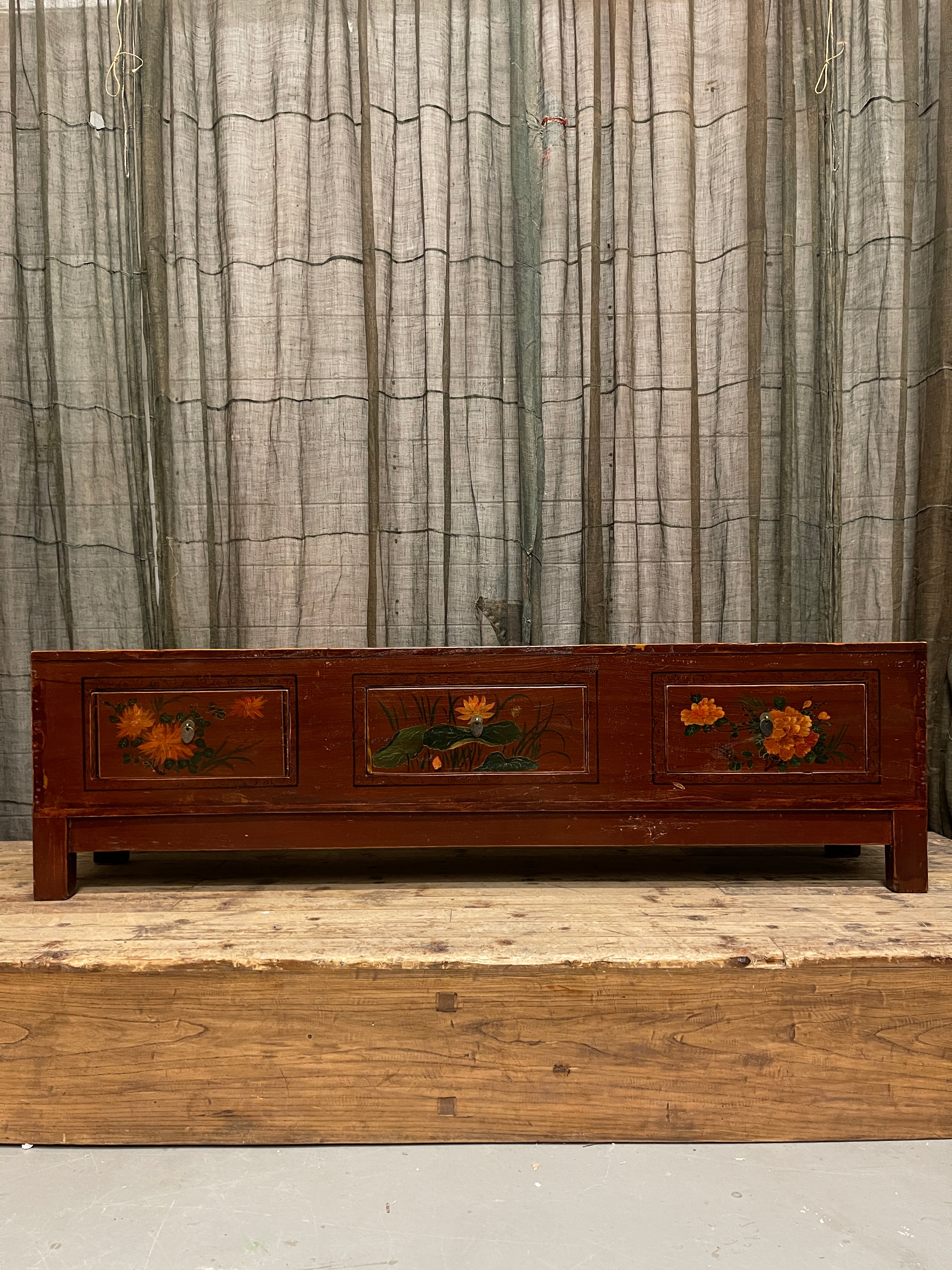 Antique Chinese Low Cabinet, 3 Drawer, Floral Panels