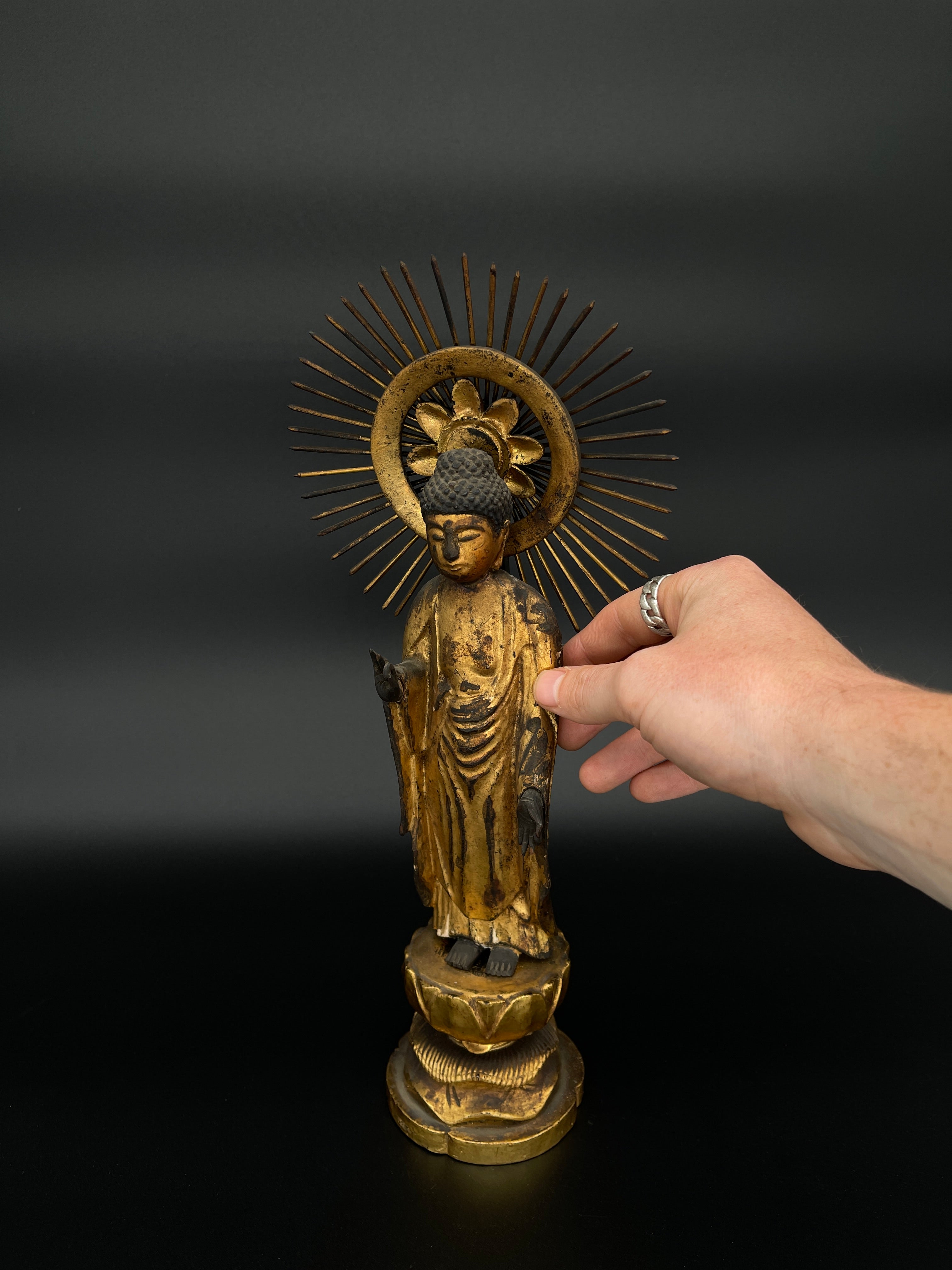 Shaka Nyorai, Antique Japanese Buddha on a Lotus Base - Carved Wood & Gilt | c.1900