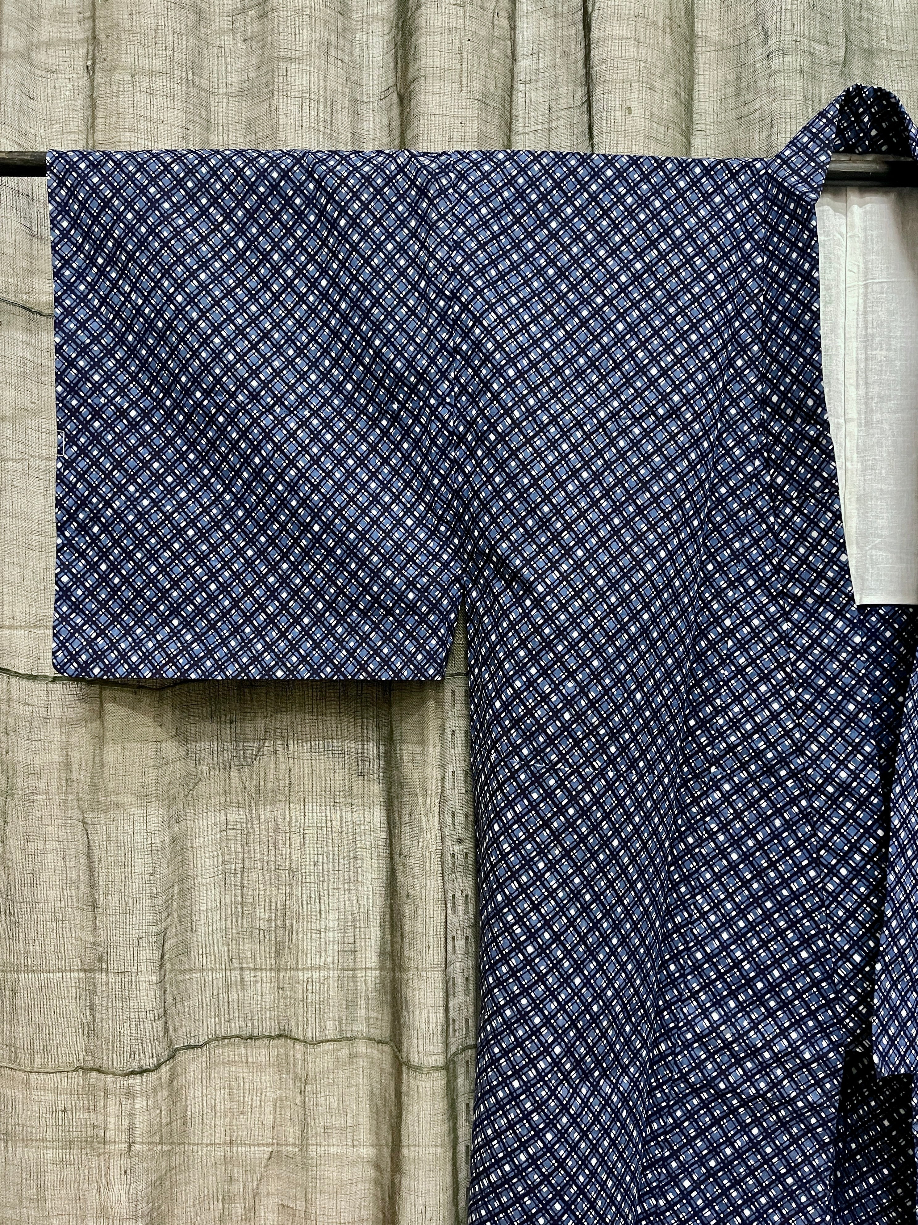 Vintage Yukata, Japanese Cotton Kimono - White & Blue - Men's