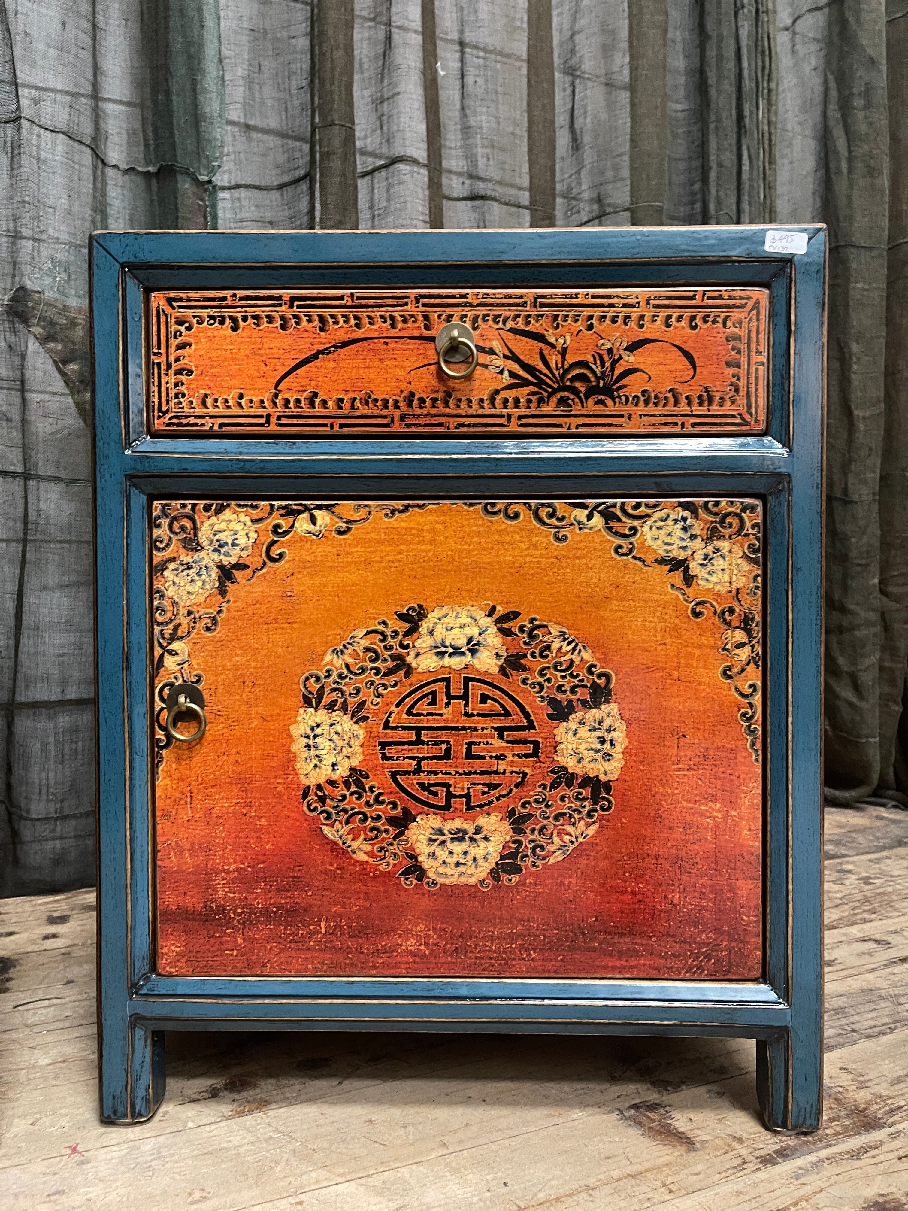 Chinese Blue & Orange Lacquered Side Cabinet