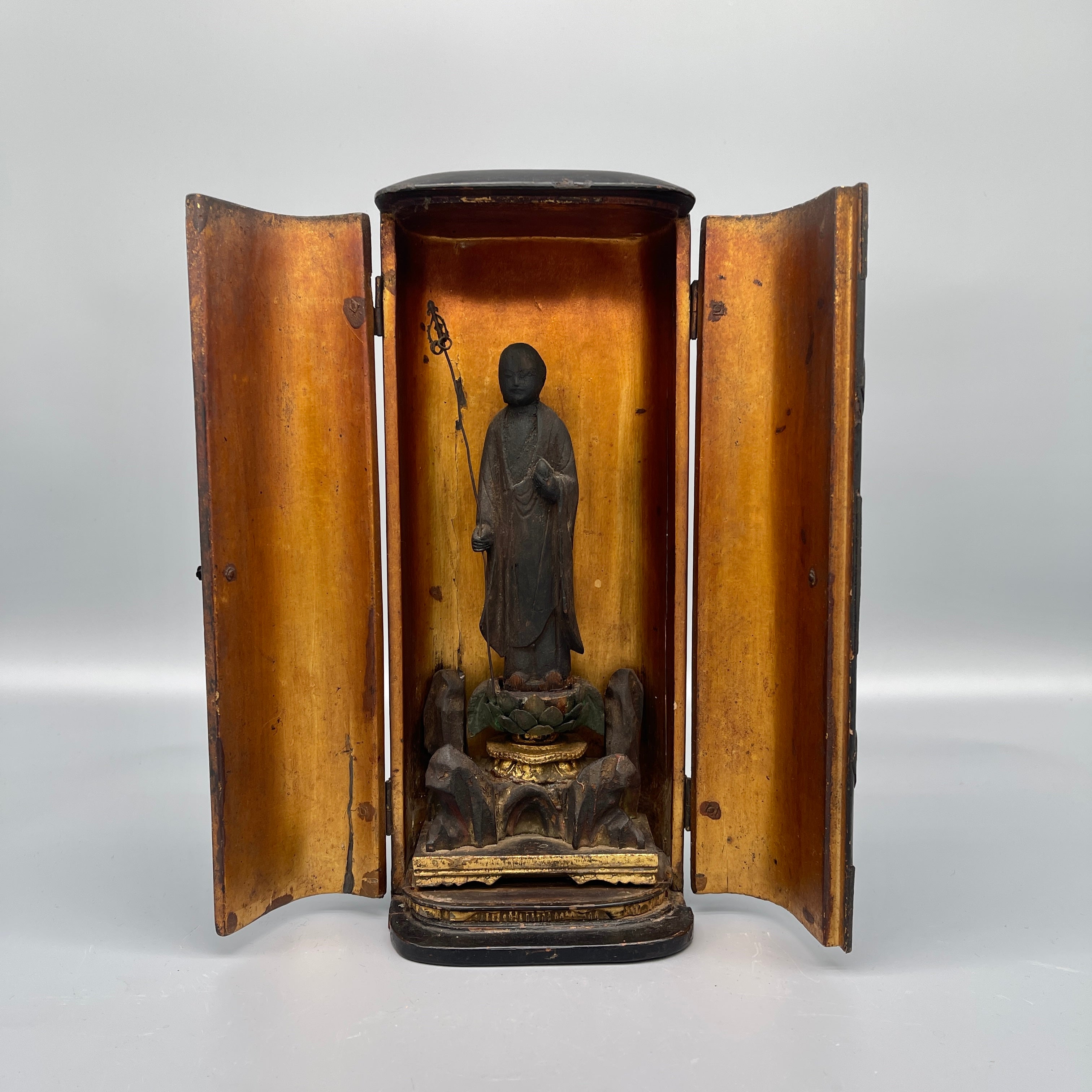 Antique Japanese Jizo in Shrine, Zushi - Carved Wood & Gilt | Edo