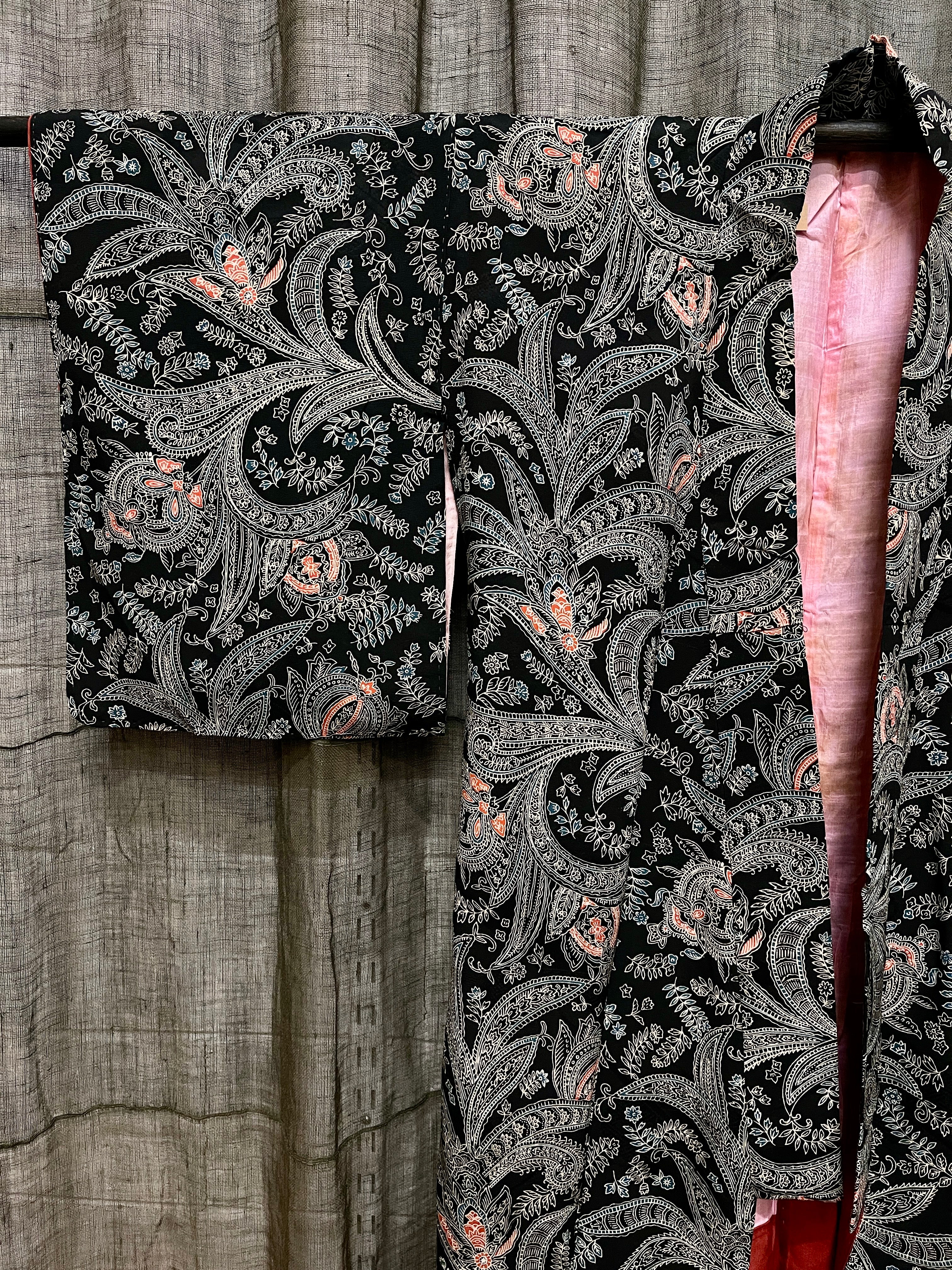 Vintage Japanese Black Silk Kimono | Paisley