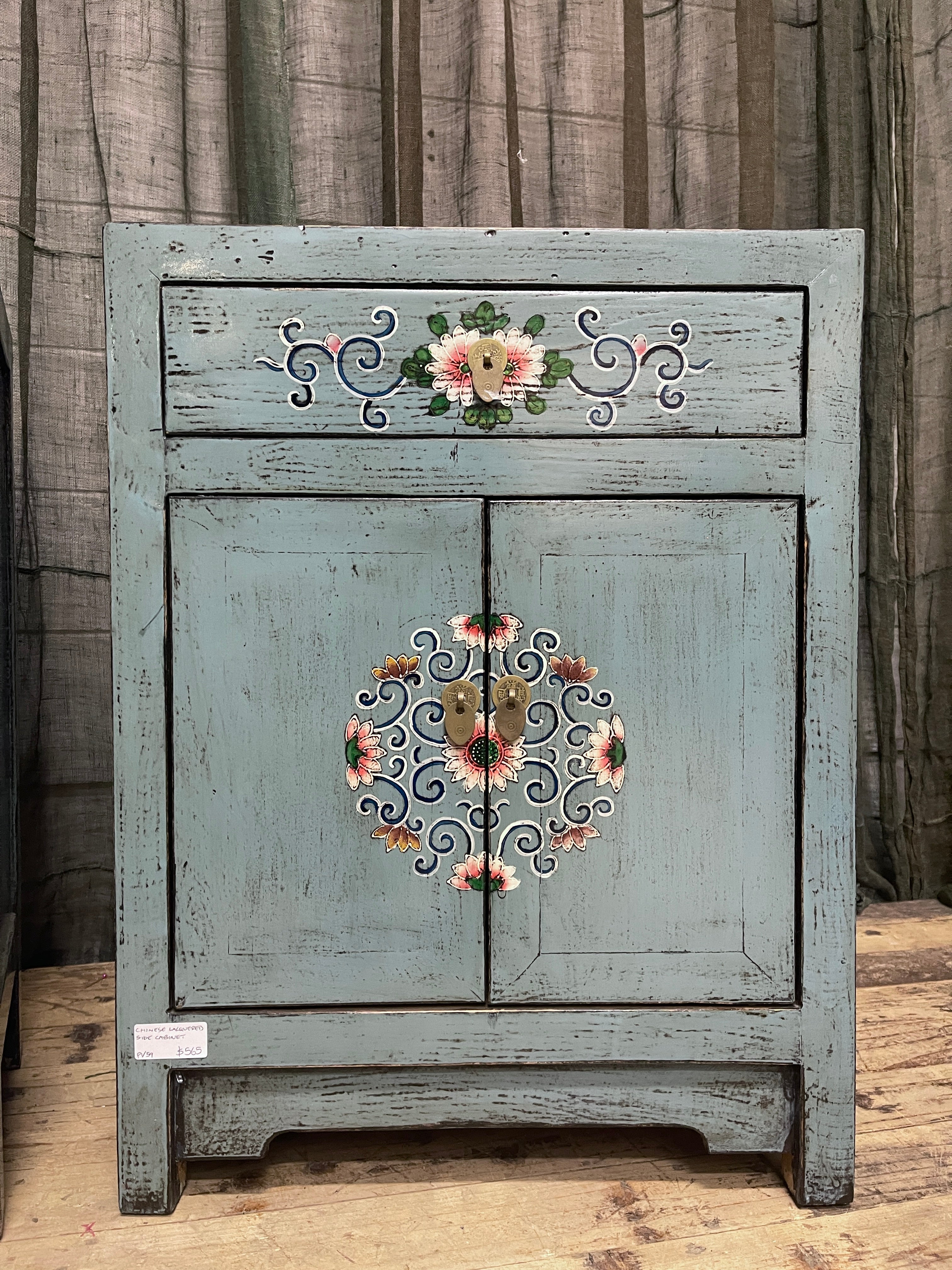 Chinese Blue Lacquered Side Cabinet, Floral Motif