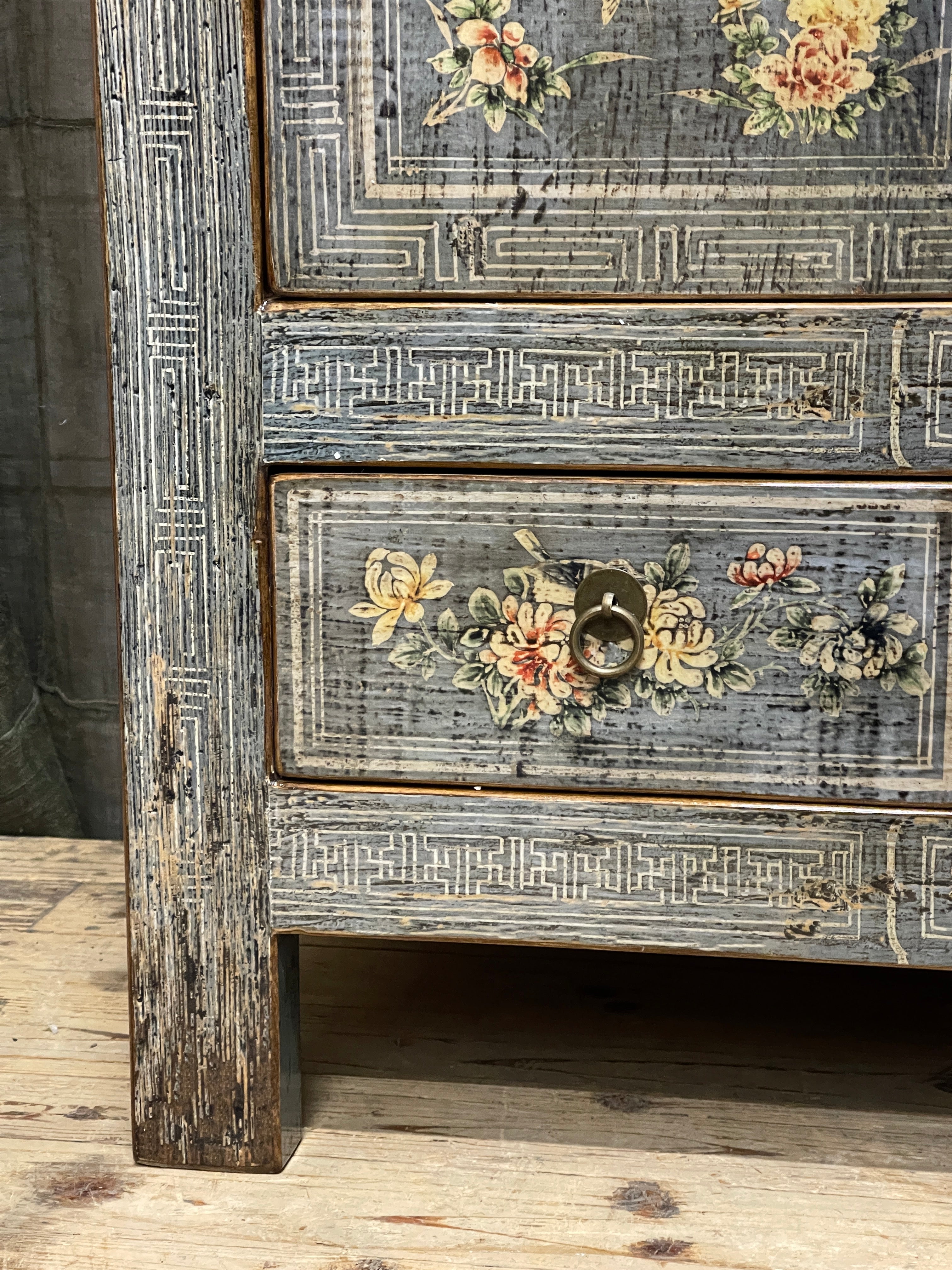Chinese Grey Lacquered Storage Cabinet, Floral Panels