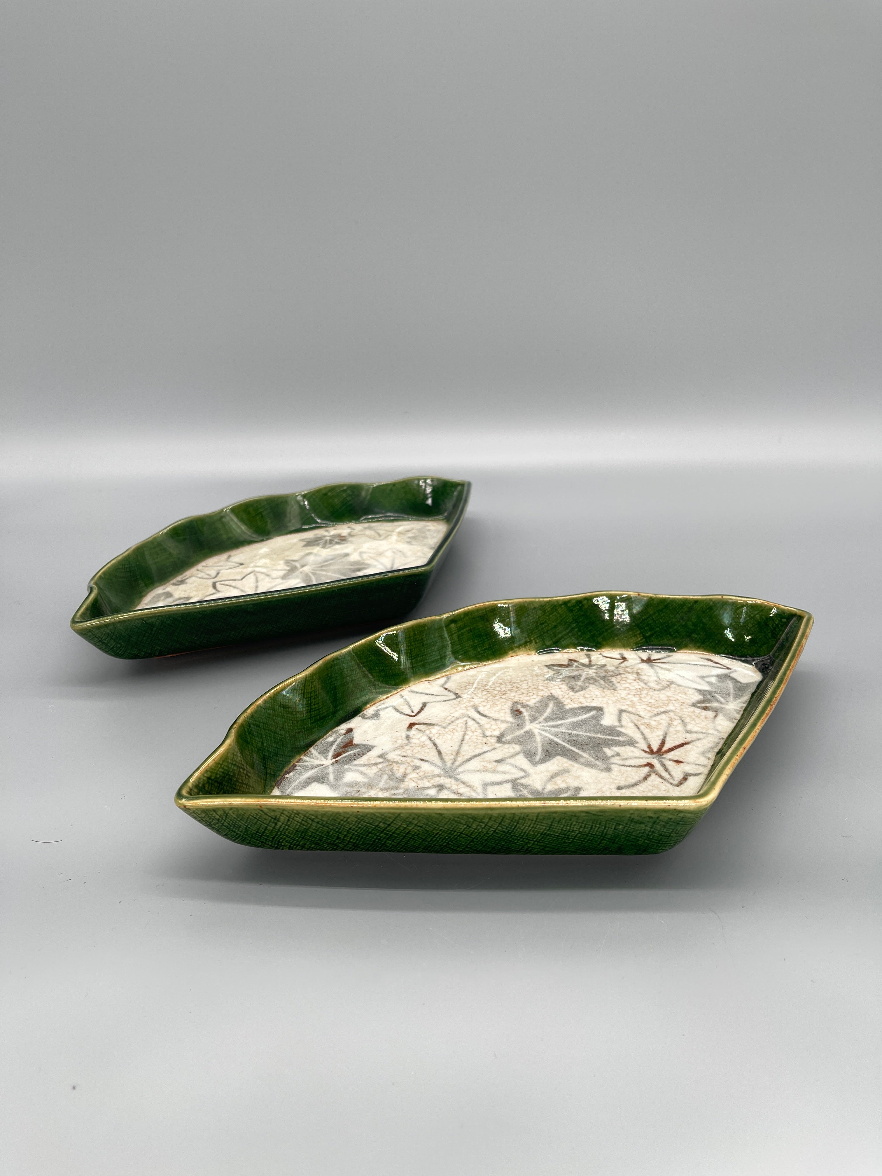 Vintage Japanese Fan Shape Serving Plates, Oribe Glaze