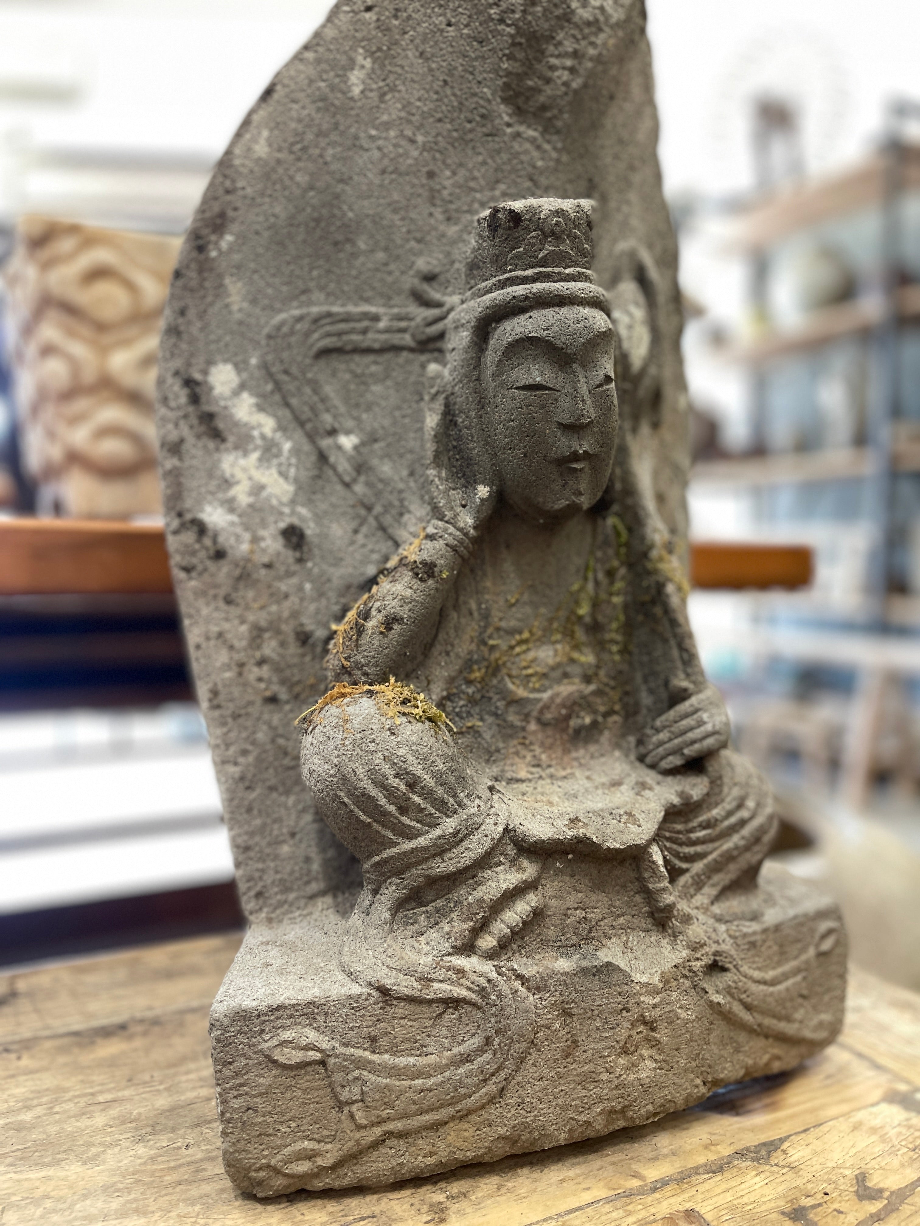 Japanese Stone Carving Statue Of Kannon Bosatsu