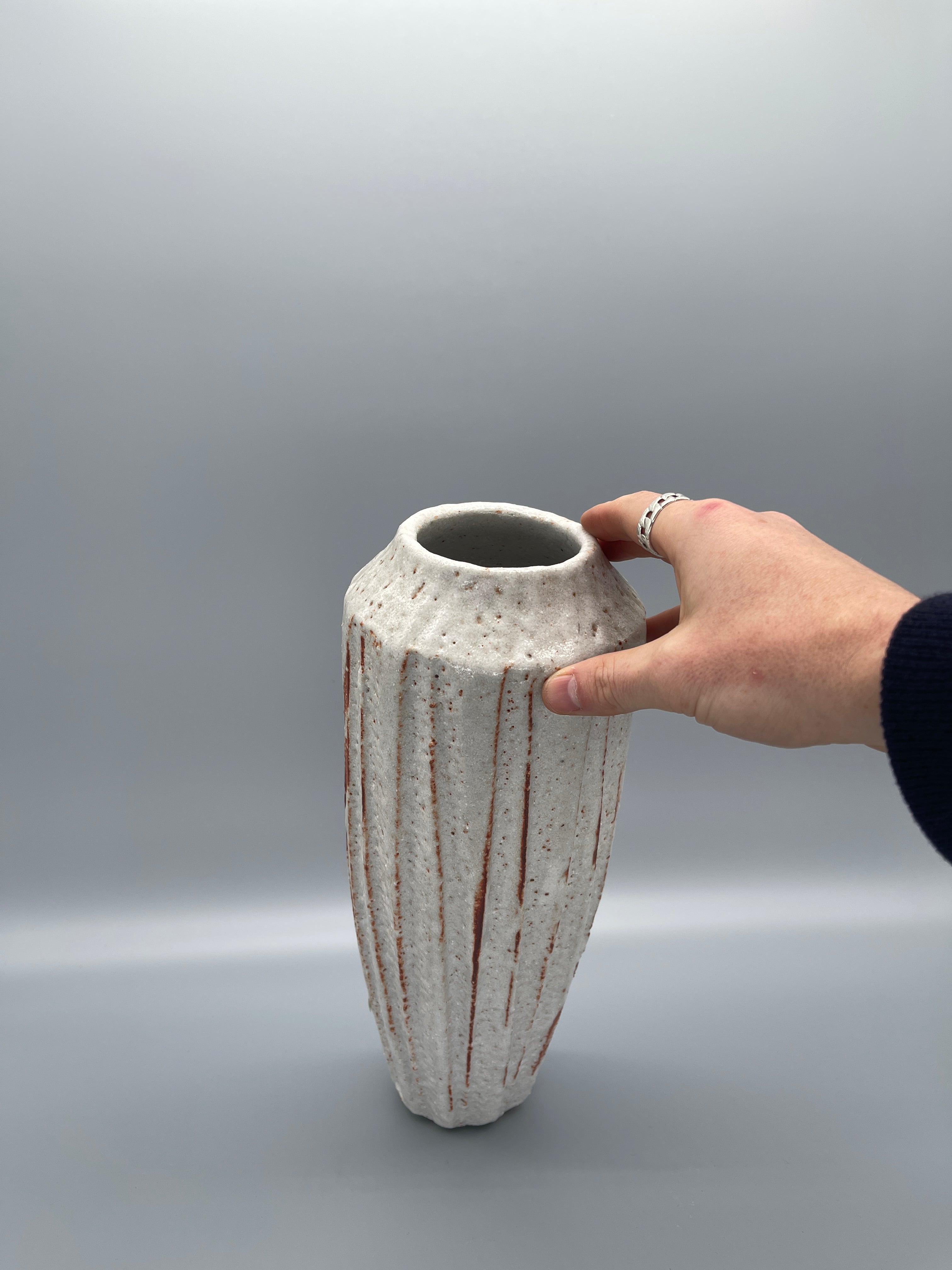 Tall Vintage Japanese Ikebana Vase - White & Orange Shino Glaze