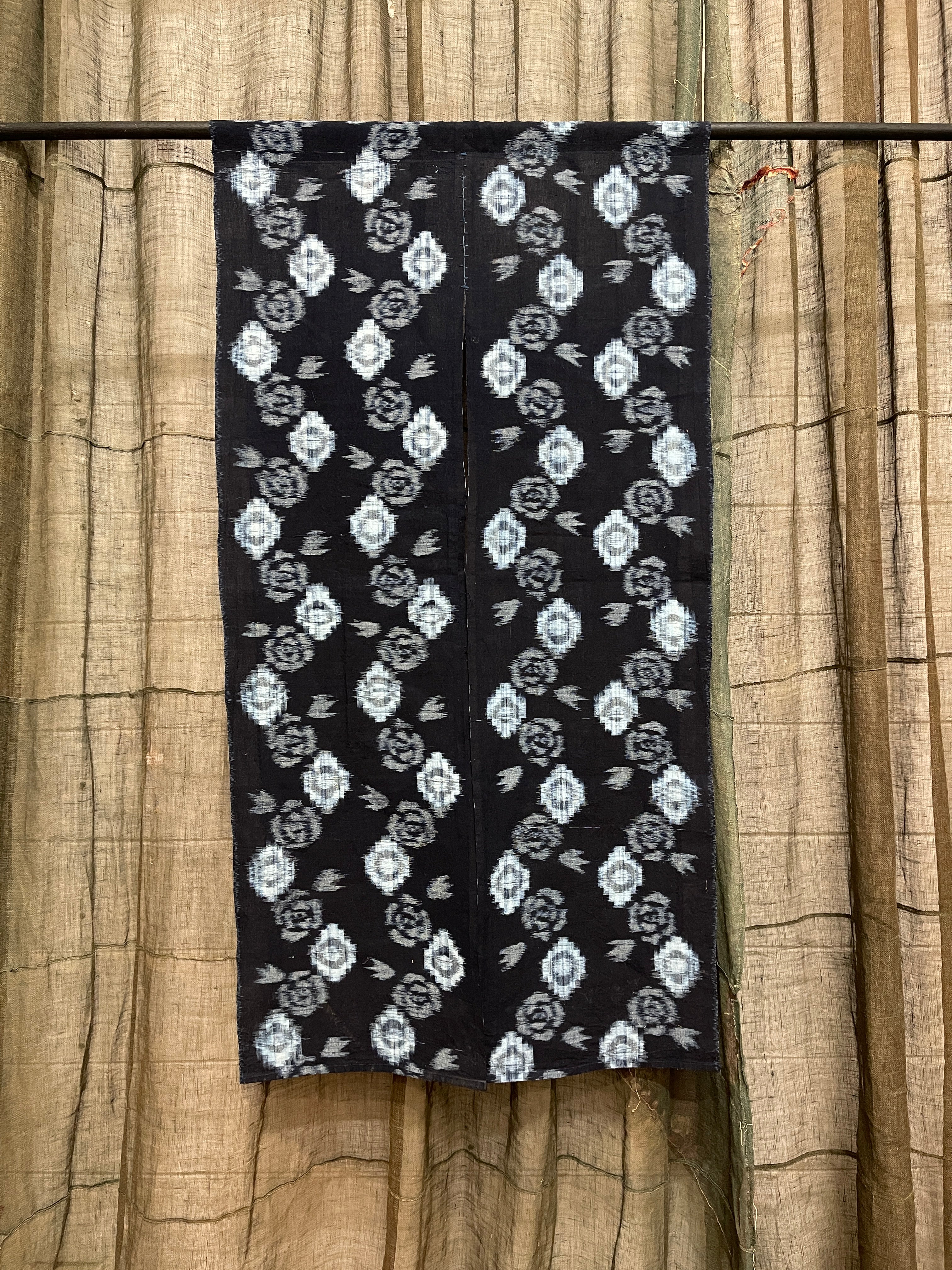 Vintage Japanese Noren - Dark Navy Cotton | Rose Motif