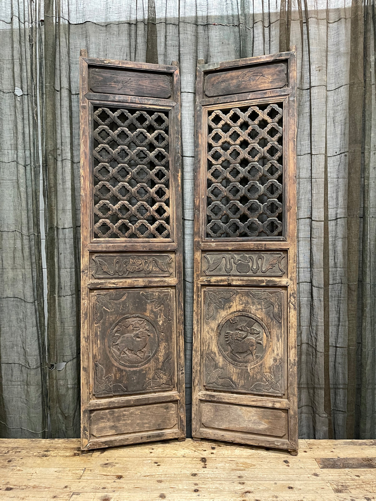 Antique Chinese Carved Wooden Doors, Pair - Late 19th Century