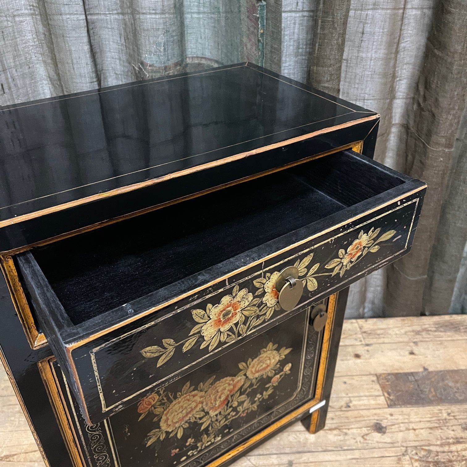 Provincial Style Chinese Black Lacquered Side Cabinet