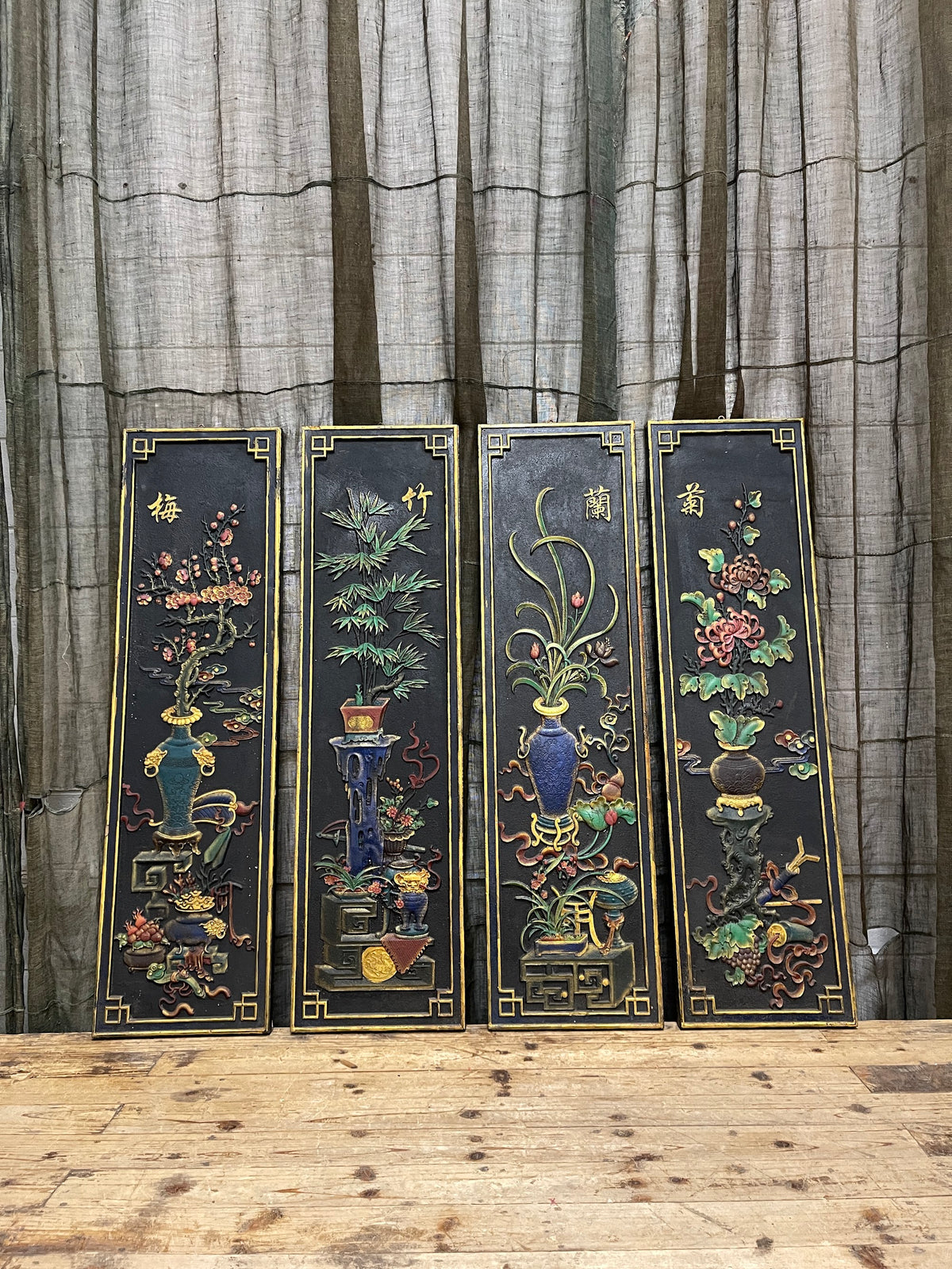 Chinese Black Painted Relief Panels, Set of Four