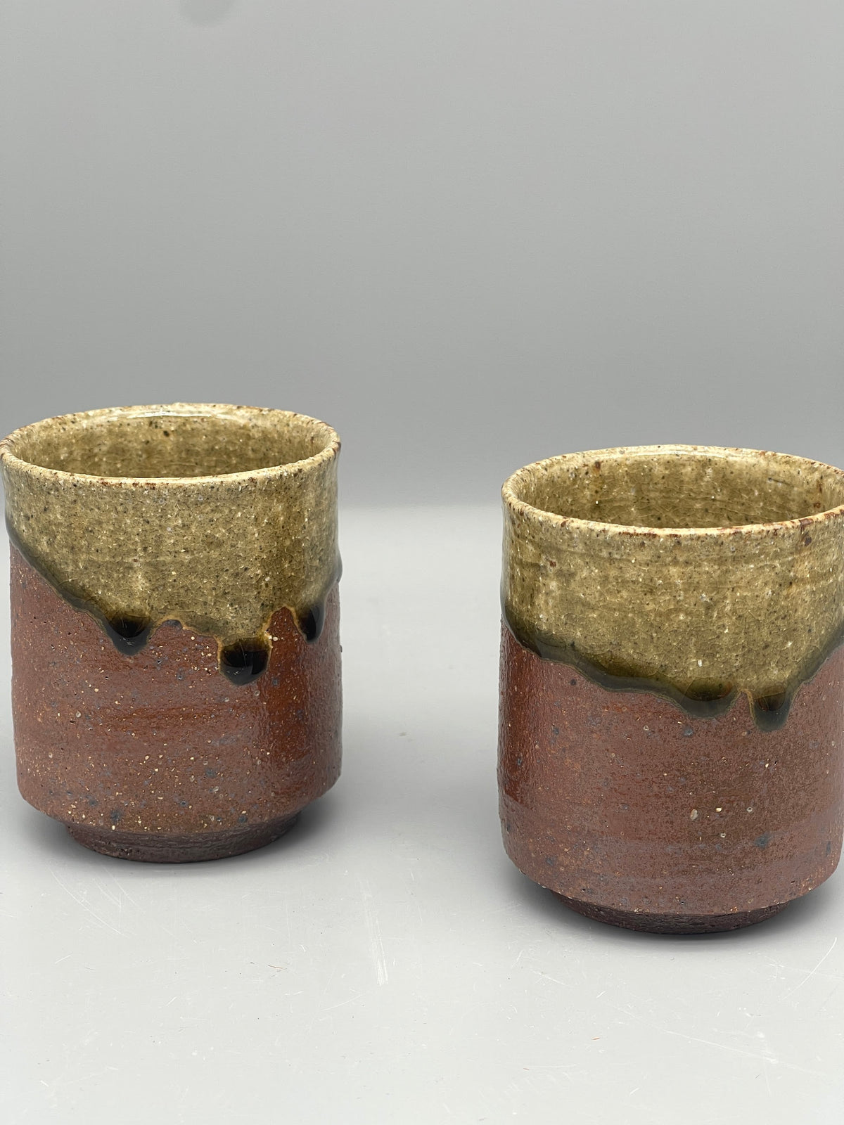 Vintage Japanese Ash Glaze Yunomi, Pair