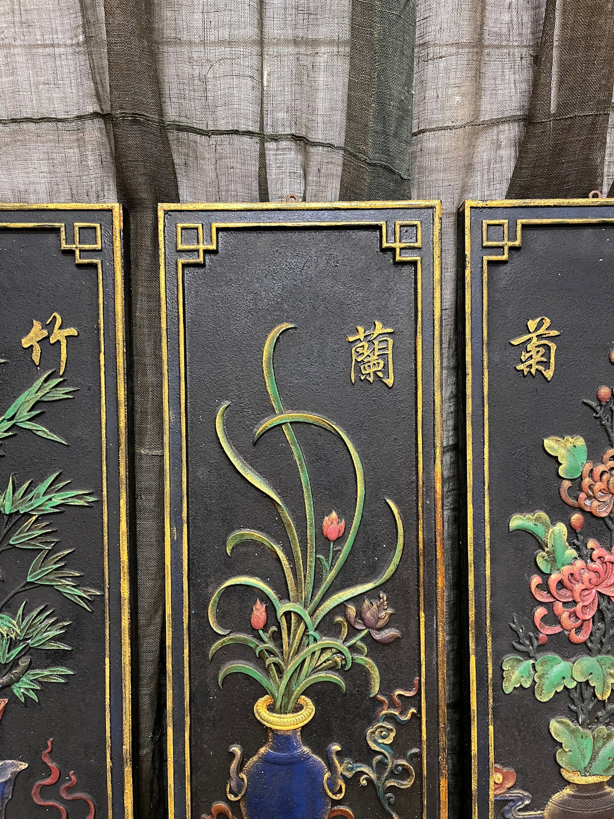 Chinese Black Painted Relief Panels, Set of Four