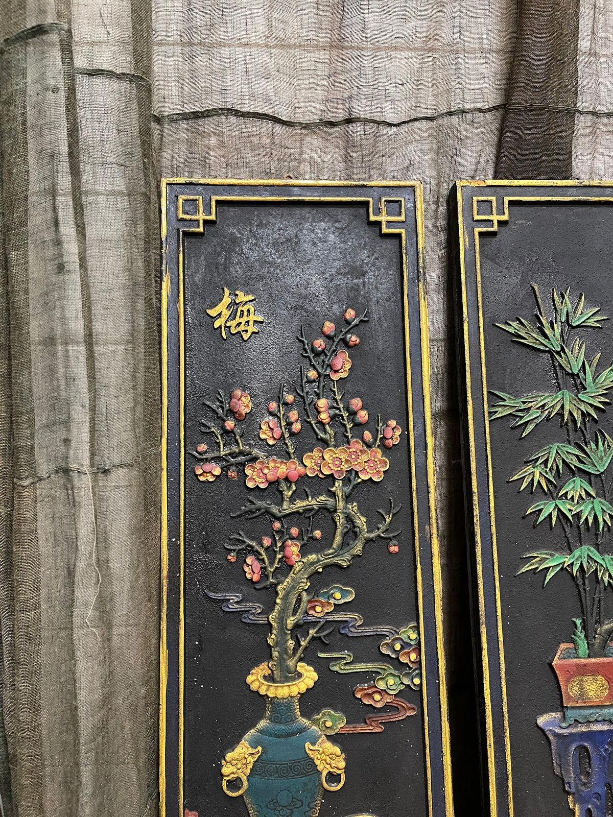Chinese Black Painted Relief Panels, Set of Four