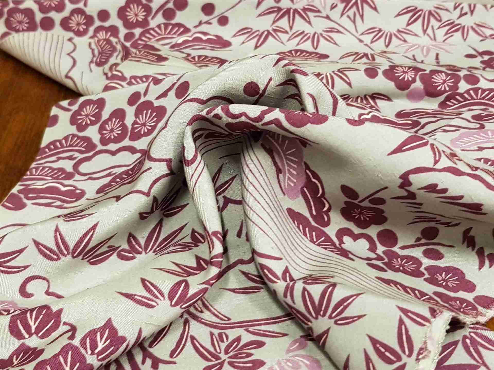 Japanese Silk, Grey with Purple Floral Patter