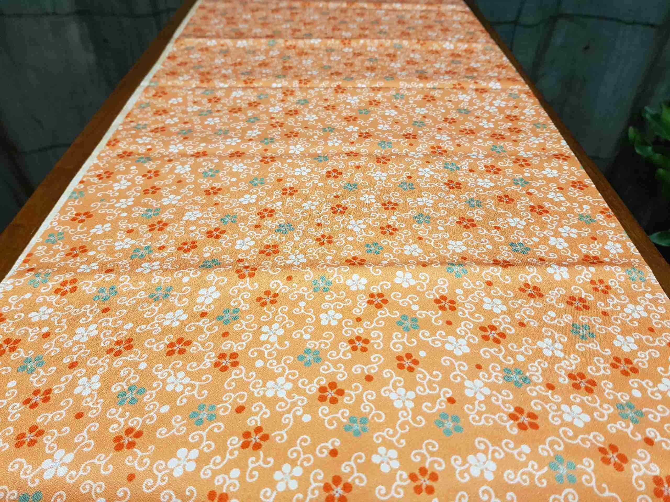 Japanese Silk Fabric, Light Orange with Colourful Blossoms.
