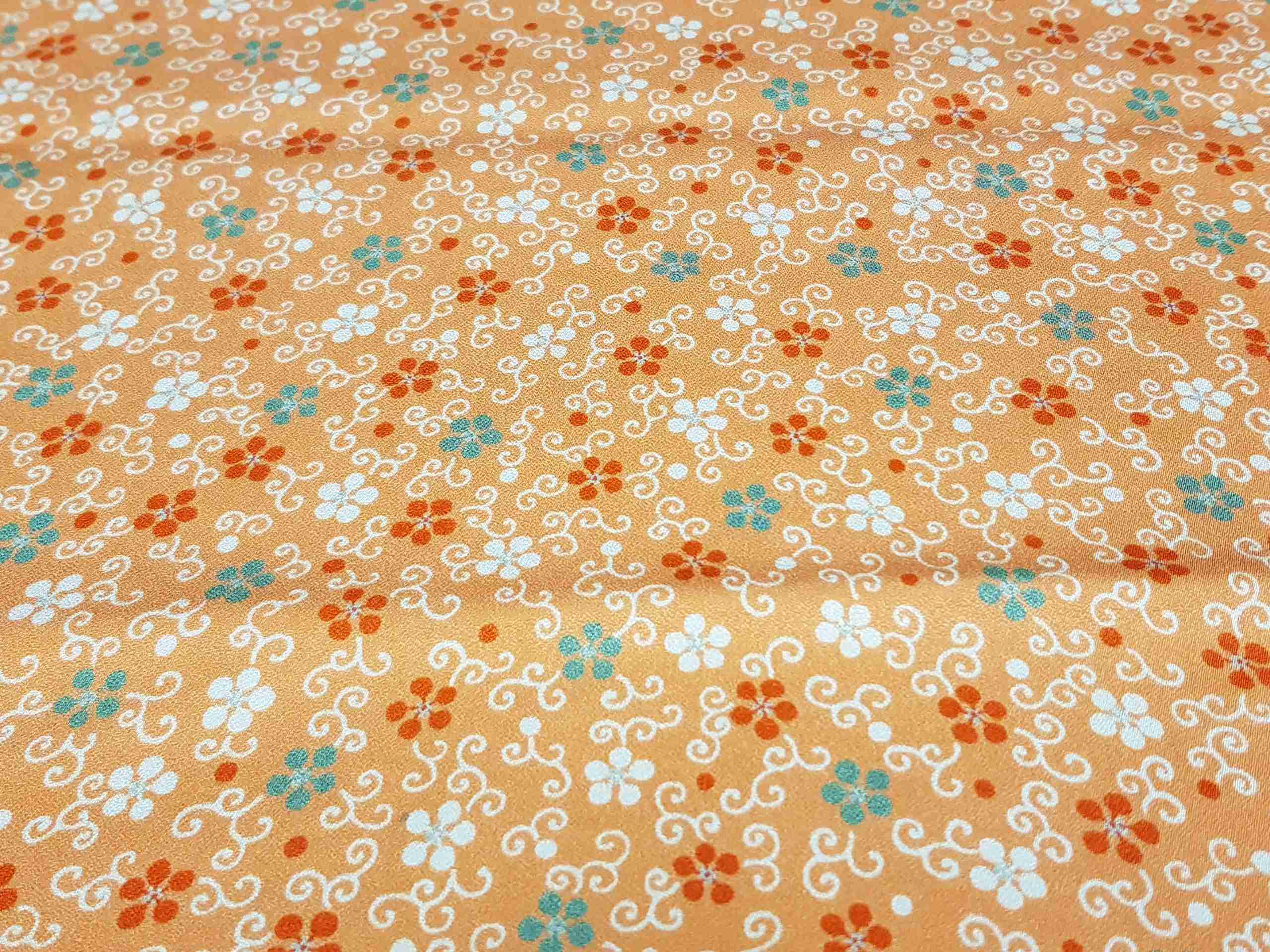 Japanese Silk Fabric, Light Orange with Colourful Blossoms.