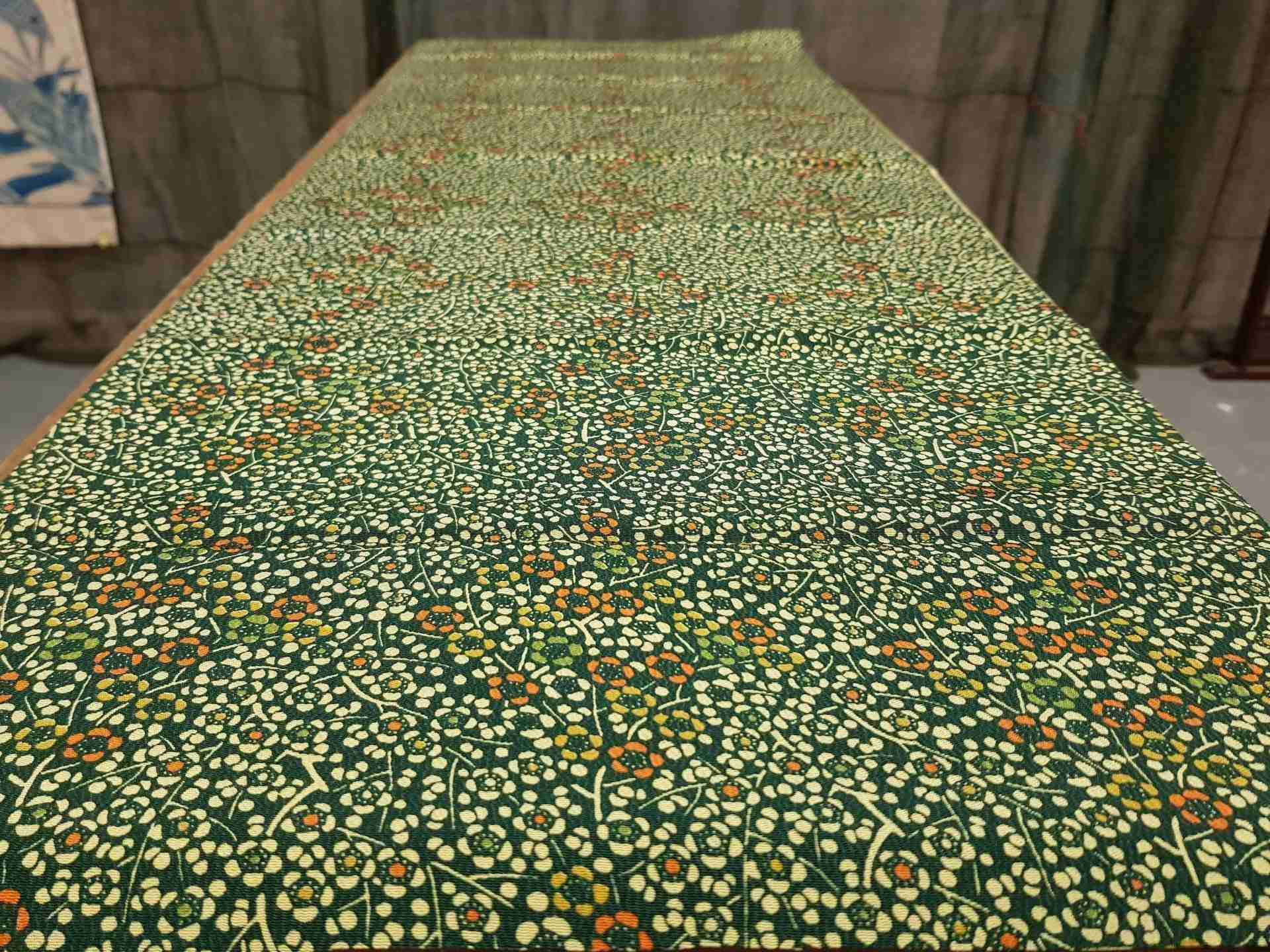 Japanese Silk Fabric, Dark Green with Orange & Yellow Blossoms