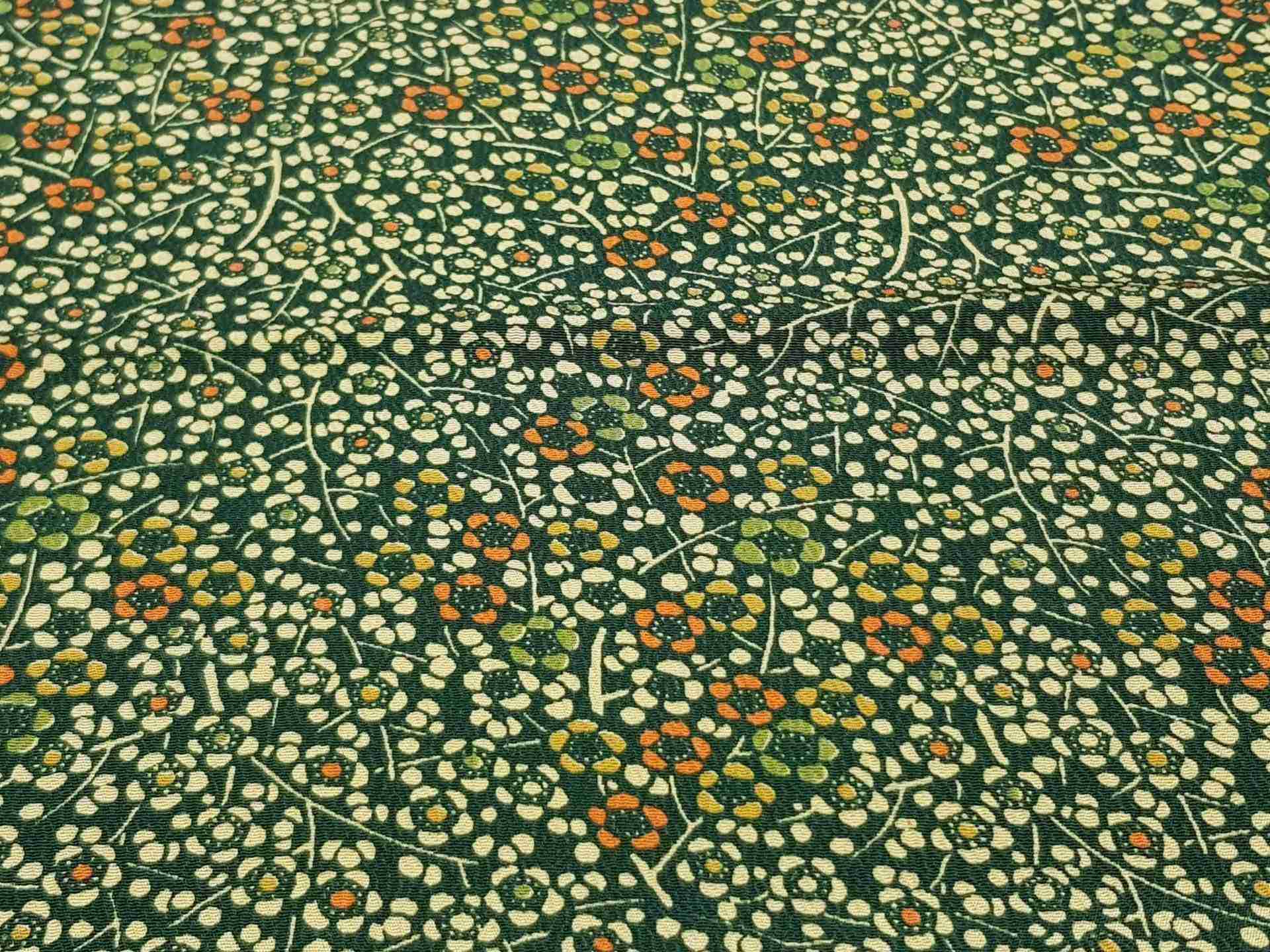 Japanese Silk Fabric, Dark Green with Orange & Yellow Blossoms