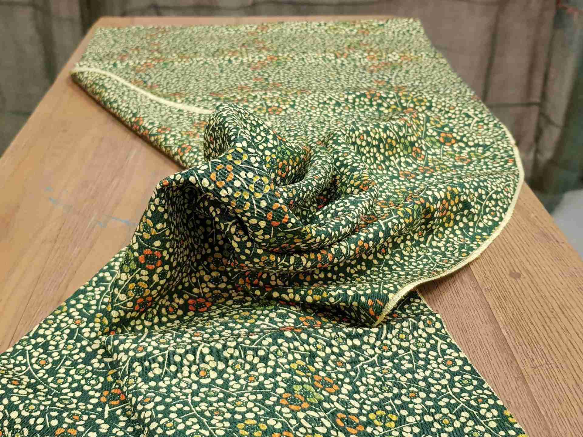 Japanese Silk Fabric, Dark Green with Orange & Yellow Blossoms