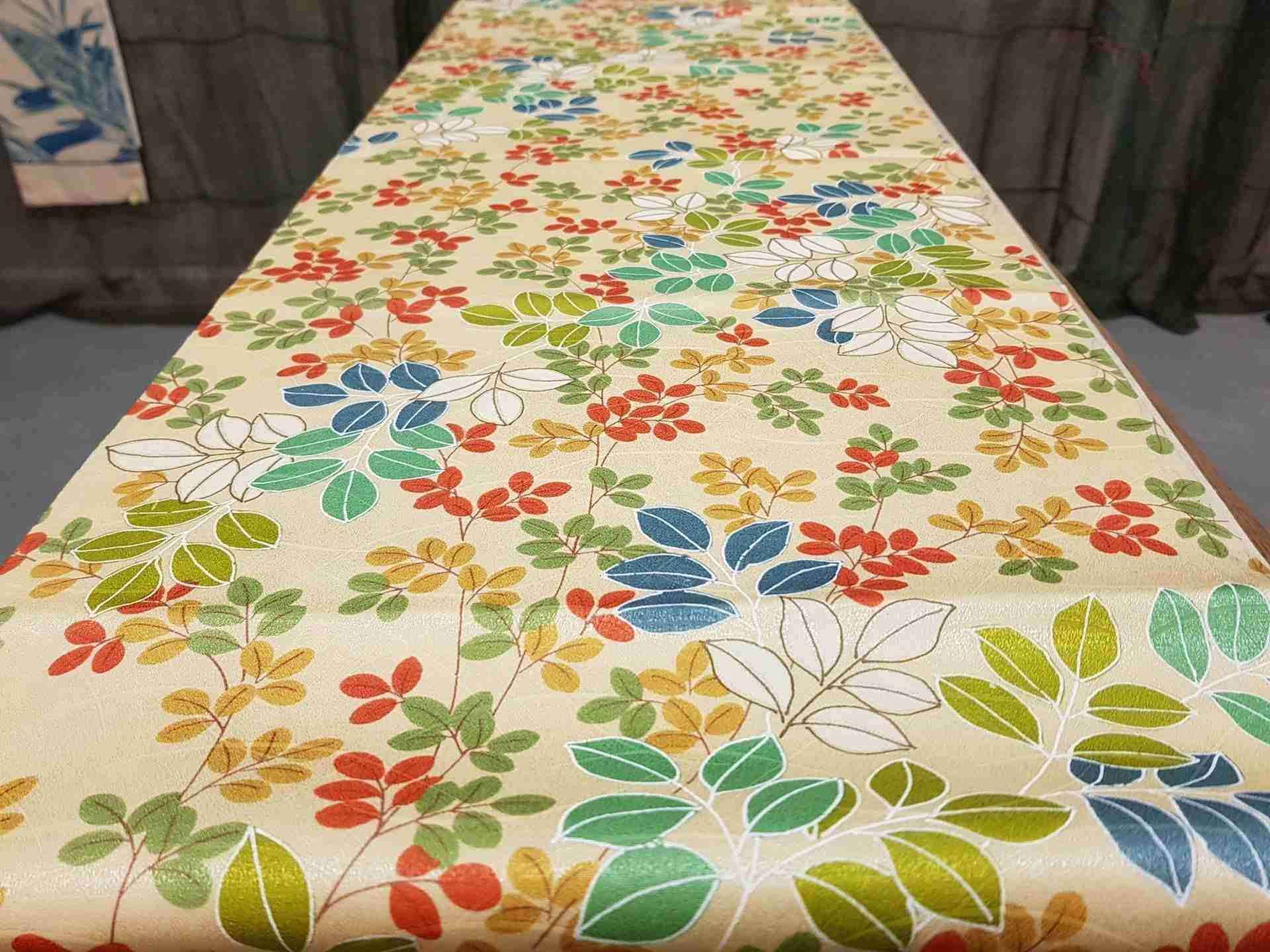Japanese Silk Fabric, Cream with Colourful Leaves