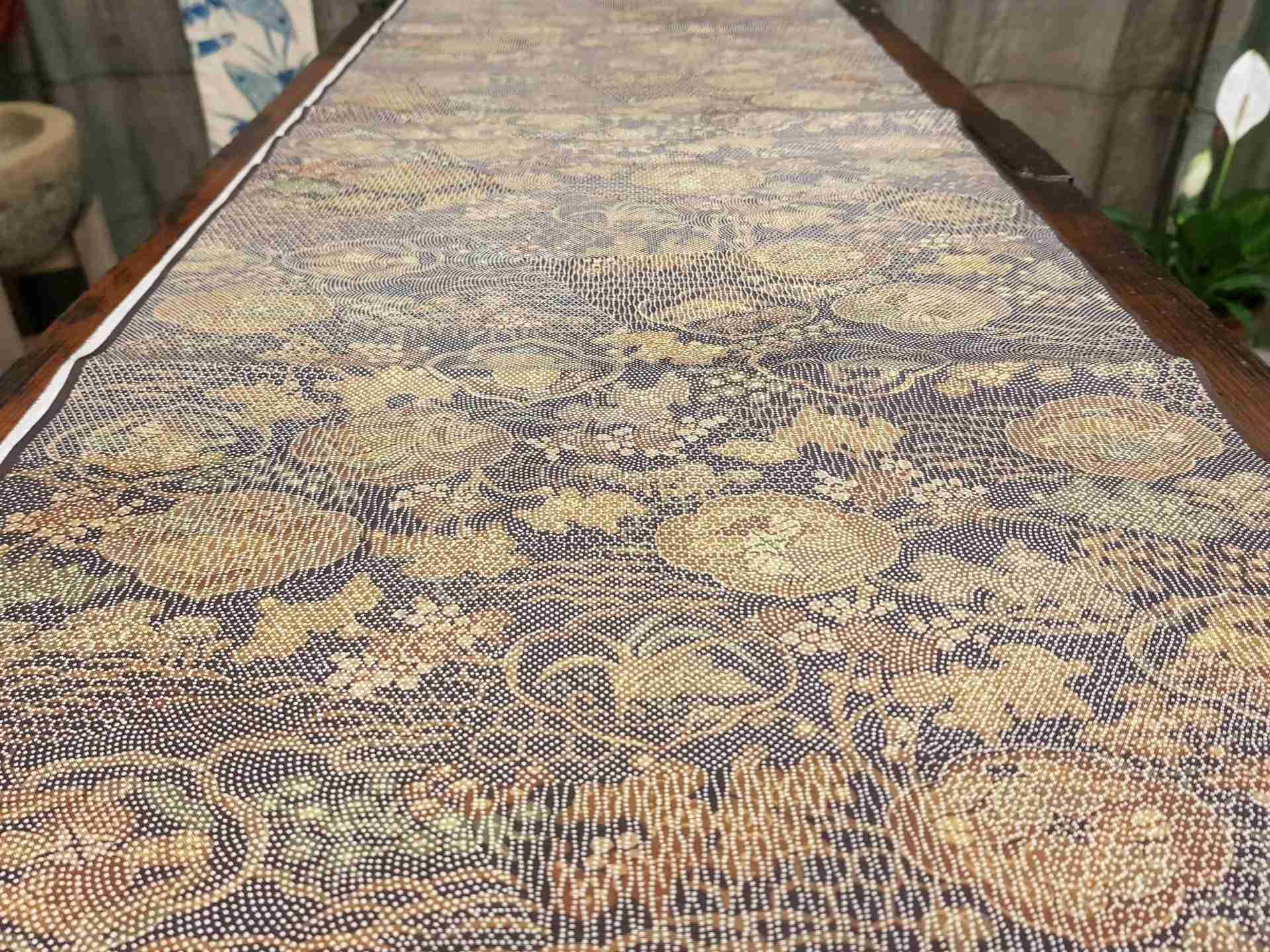 Japanese Silk Fabric, Maroon with Green, Mustard Garden Pattern