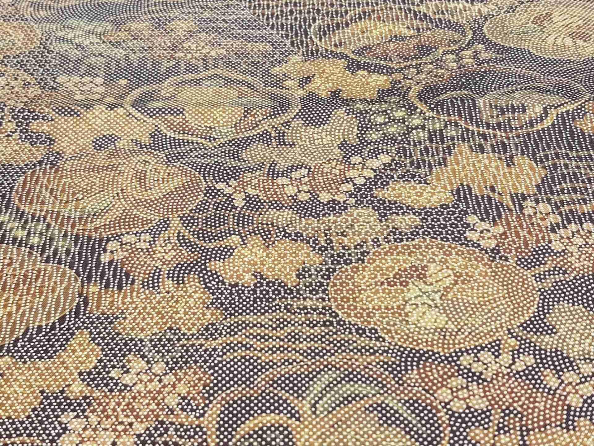 Japanese Silk Fabric, Maroon with Green, Mustard Garden Pattern