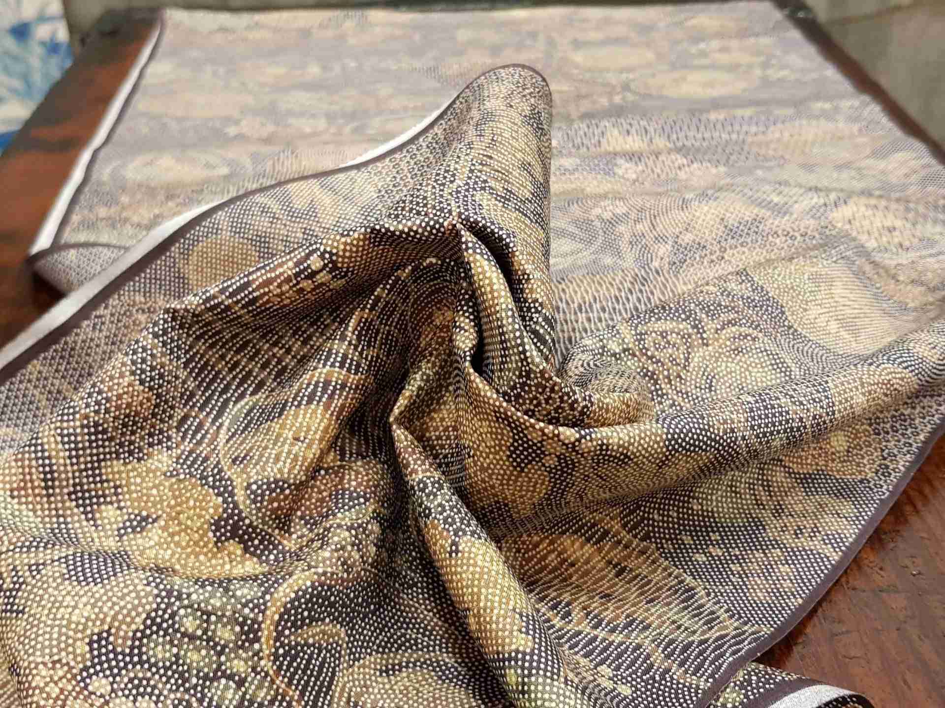 Japanese Silk Fabric, Maroon with Green, Mustard Garden Pattern