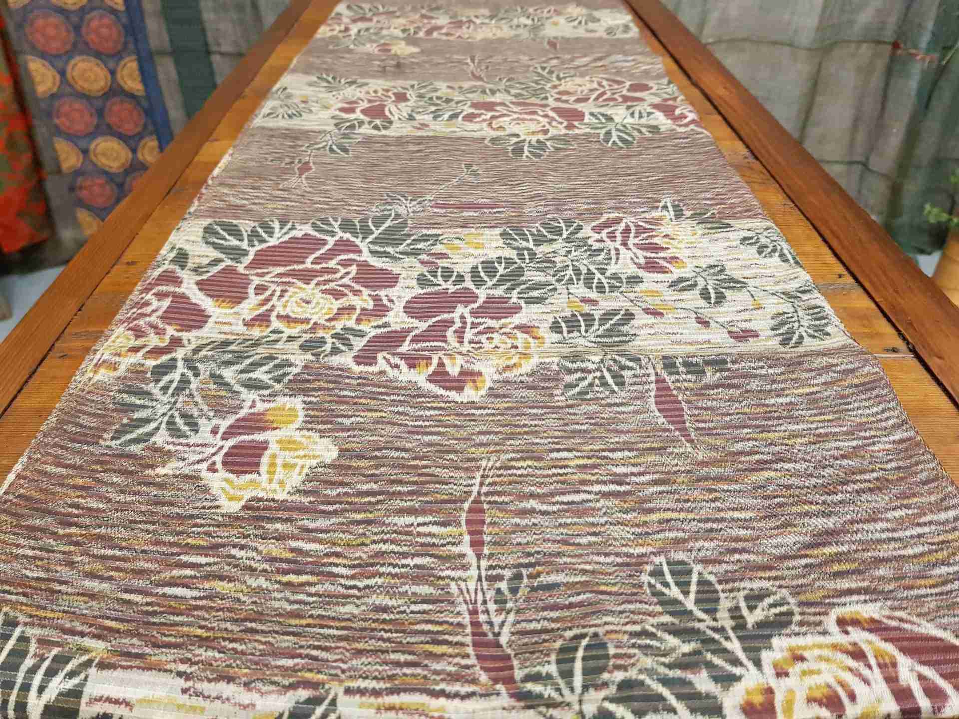Japanese Silk Fabric, Meisen pattern with Burgundy, Dark Green Floral Pattern