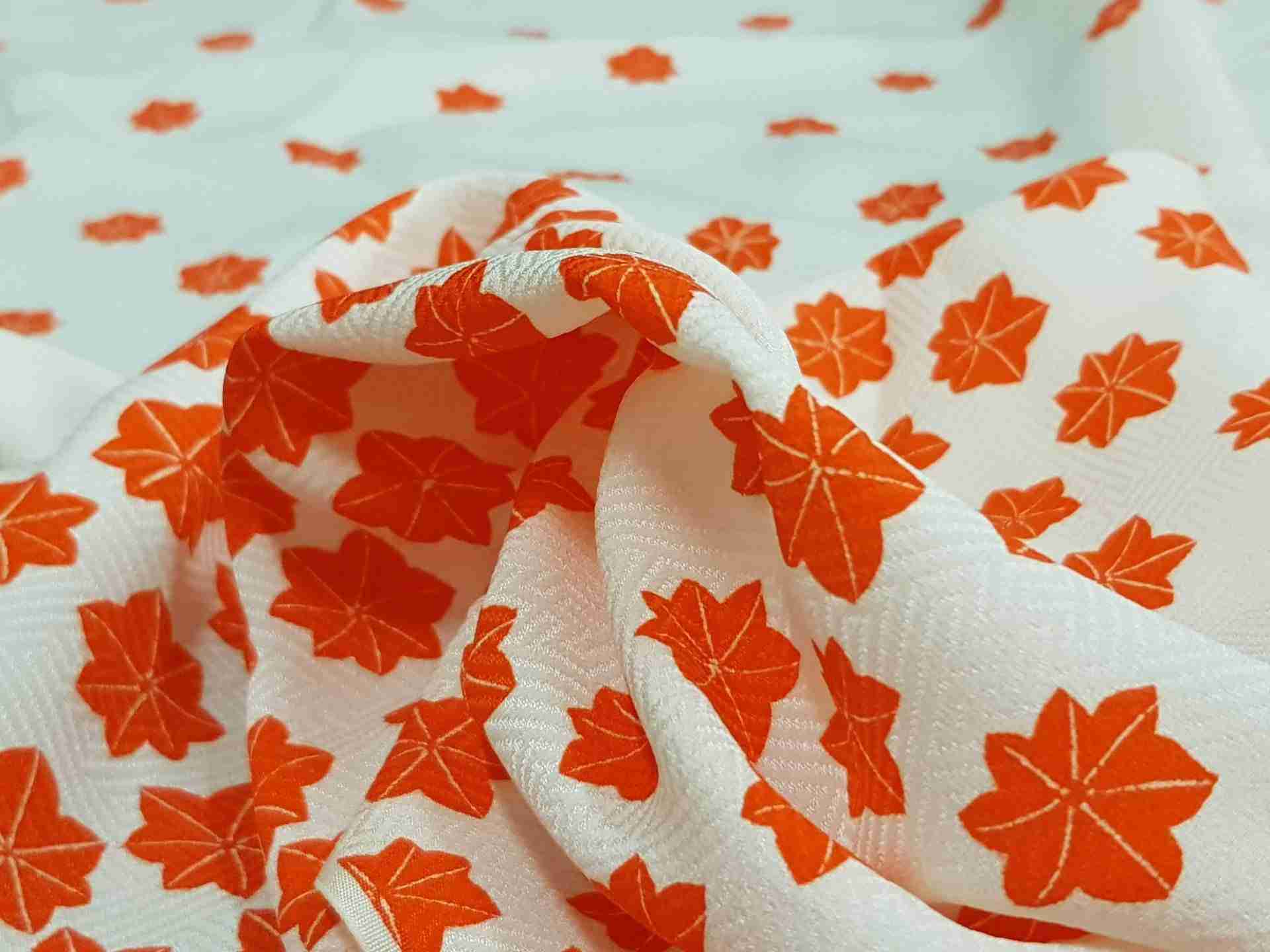 Japanese Silk Fabric, White with Orange Maple Leaf Pattern