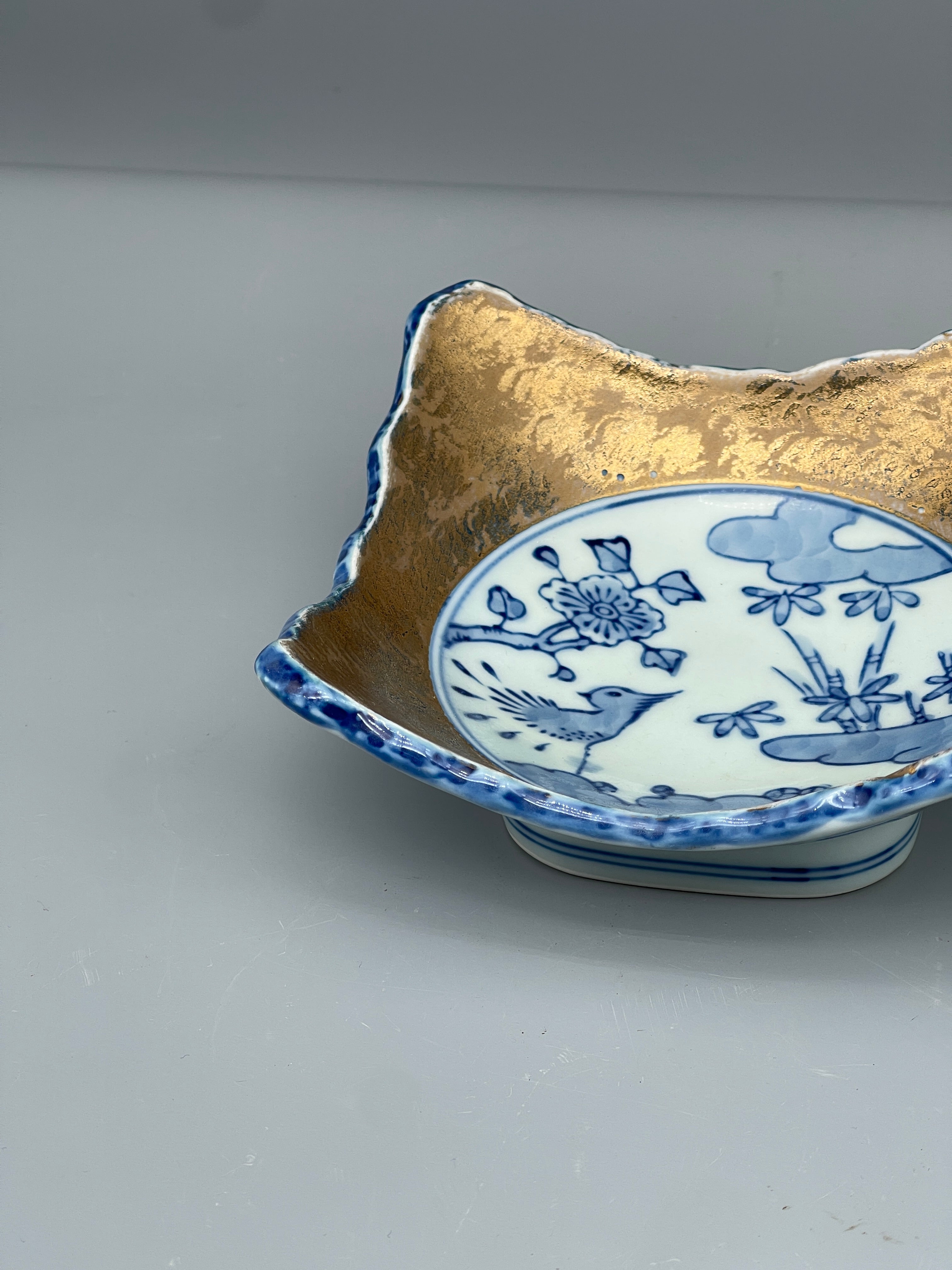 Small Japanese Side Dish Plate, Blue, White, and Gold.