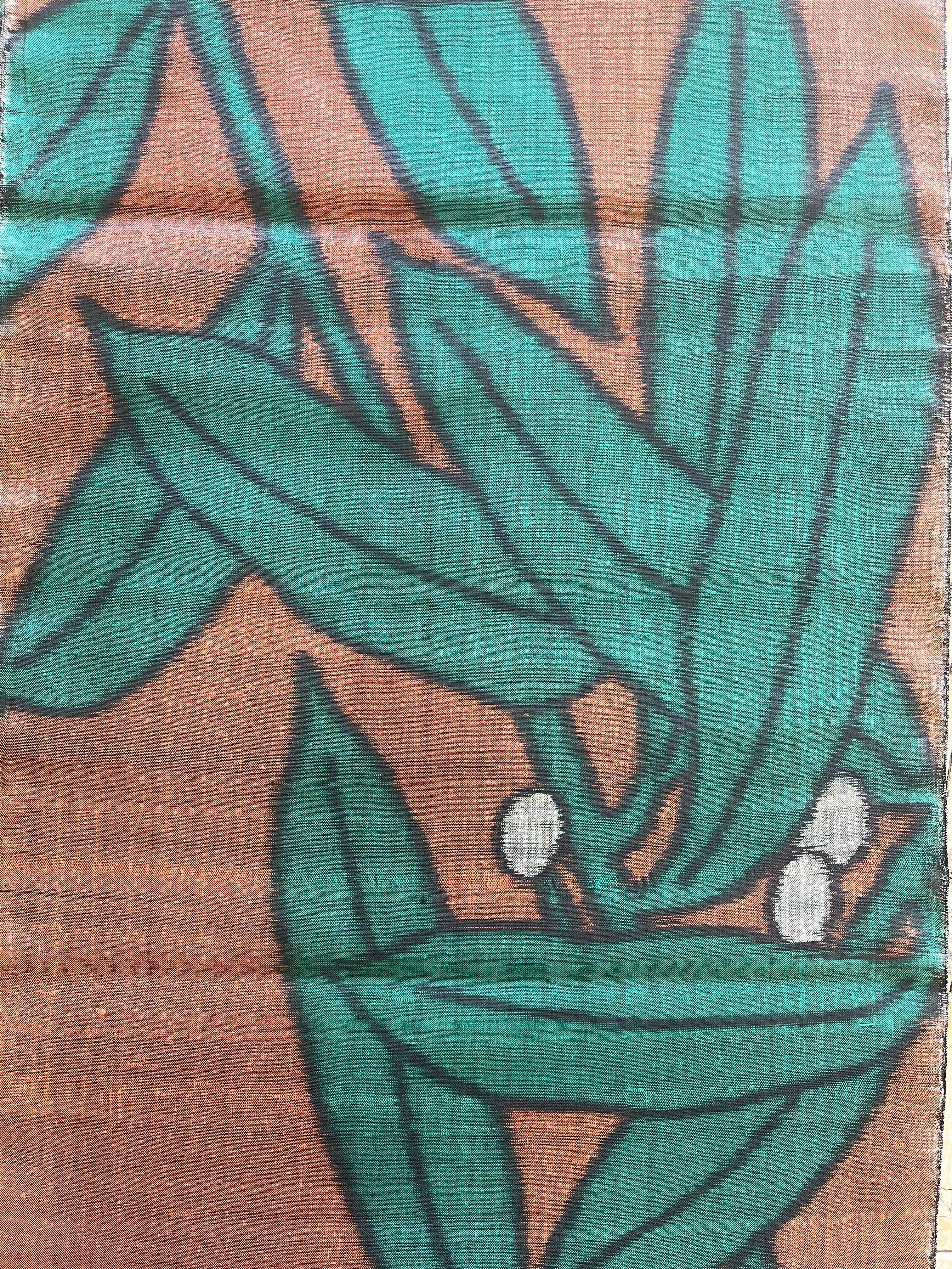 Japanese Meisen Silk Fabric, Terracotta with a Leafy Green Pattern